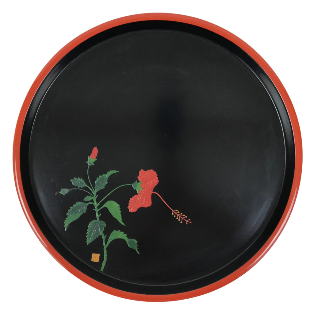 Japanese Lacquer Wood Serving Tray Vtg Miyazaki Shikki Hibiscus Round Black L547