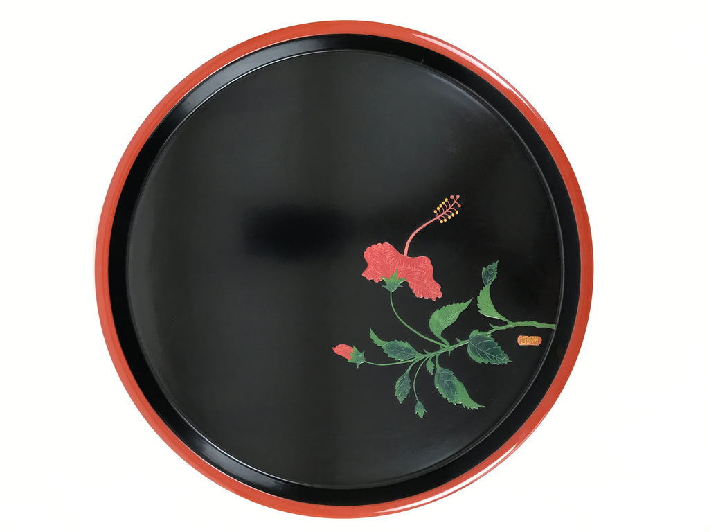 Japanese Lacquer Wood Serving Tray Vtg Ryukyu Shikki Hibiscus Round Black L548