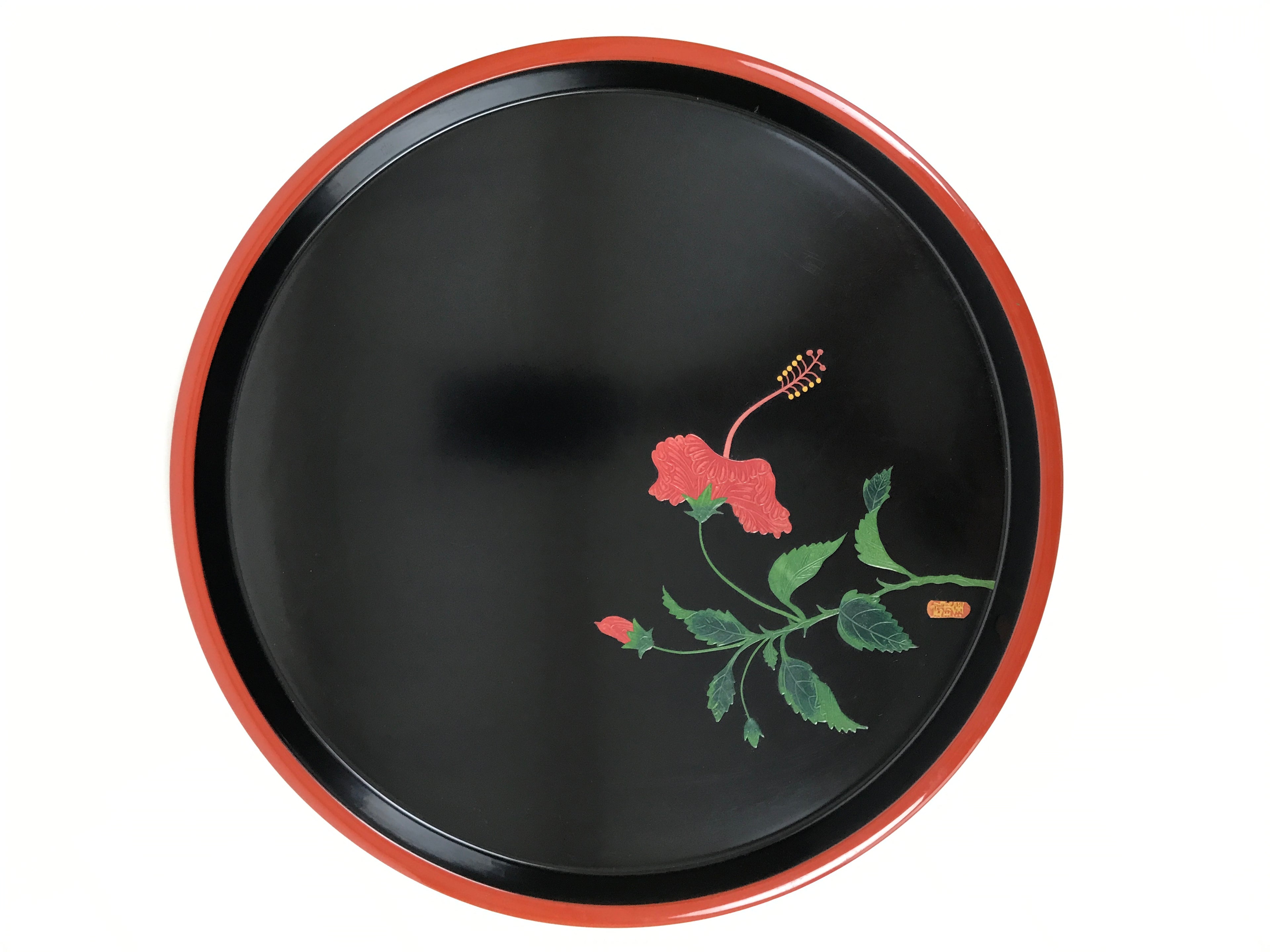 Japanese Lacquer Wood Serving Tray Vtg Ryukyu Shikki Hibiscus Round Black L548