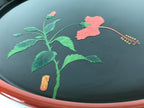 Japanese Lacquer Wood Serving Tray Vtg Ryukyu Shikki Hibiscus Round Black L548