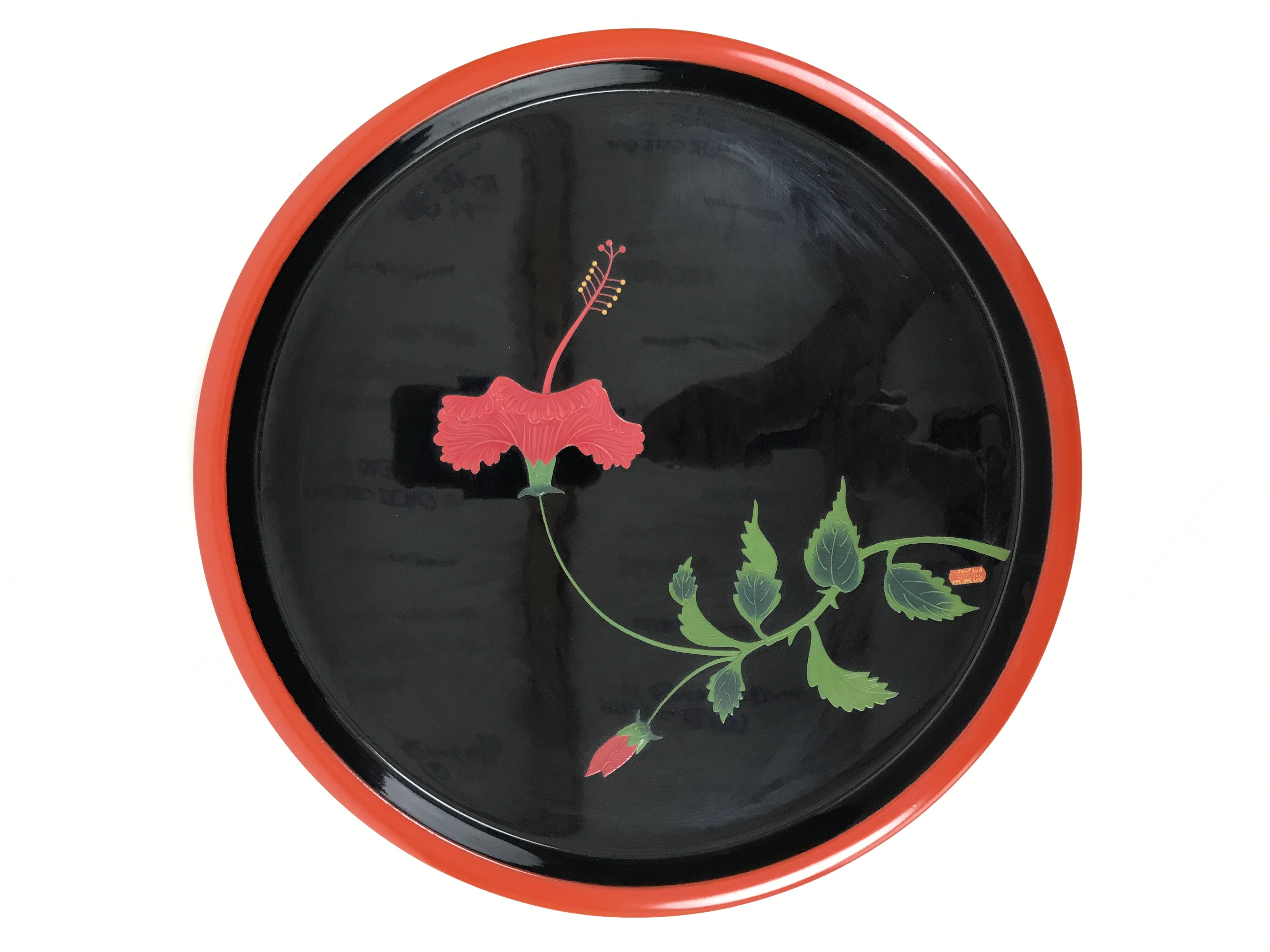 Japanese Lacquer Wood Serving Tray Vtg Ryukyu Shikki Hibiscus Round Black L549