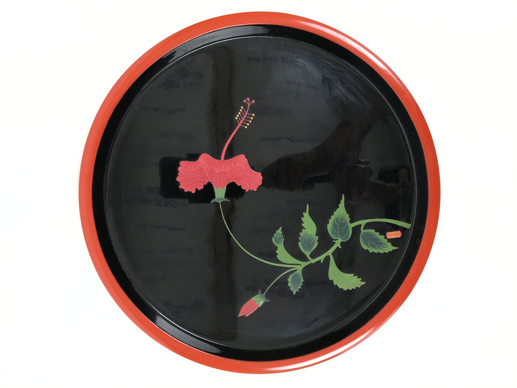 Japanese Lacquer Wood Serving Tray Vtg Ryukyu Shikki Hibiscus Round Black L549