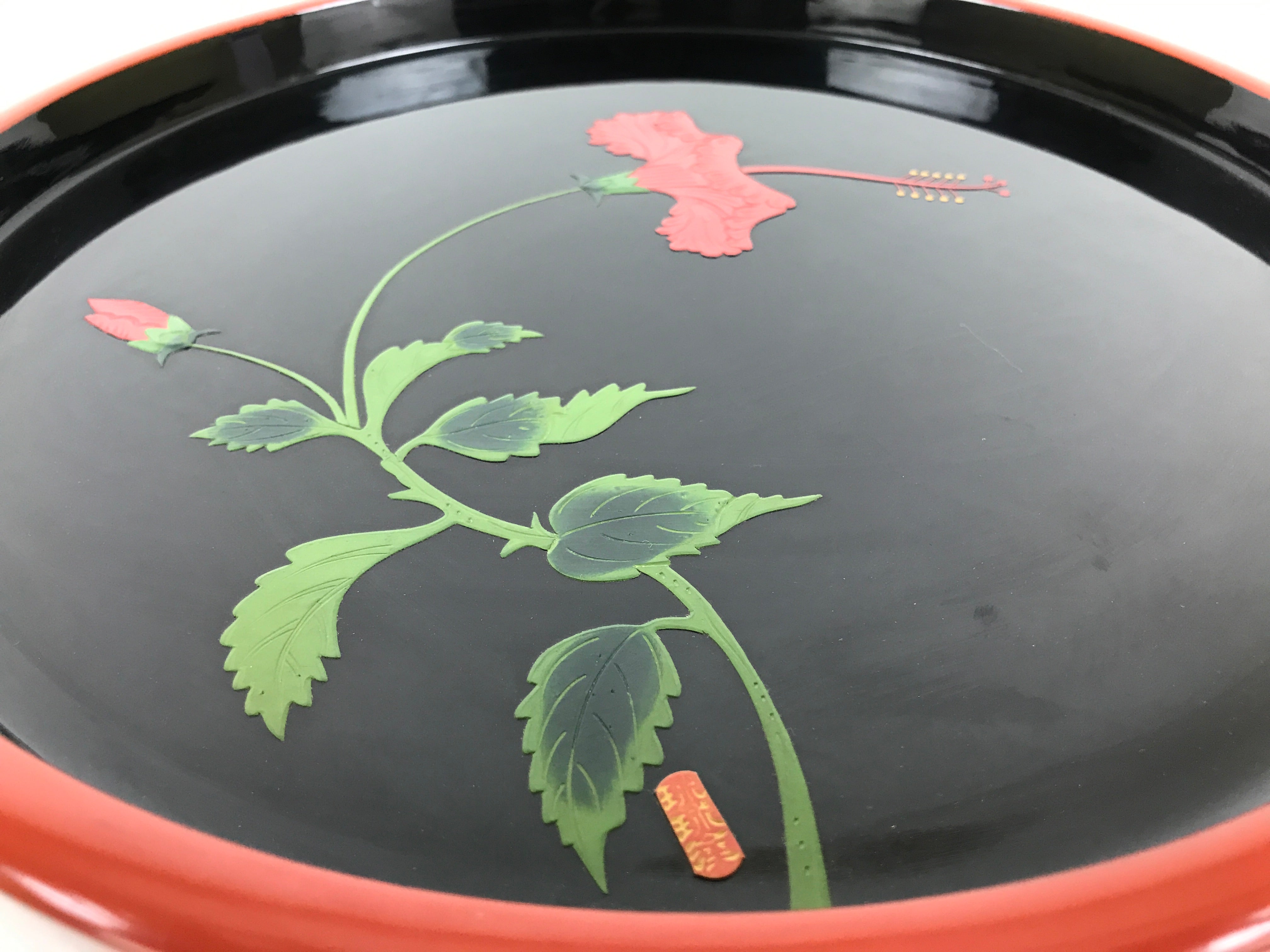 Japanese Lacquer Wood Serving Tray Vtg Ryukyu Shikki Hibiscus Round Black L549