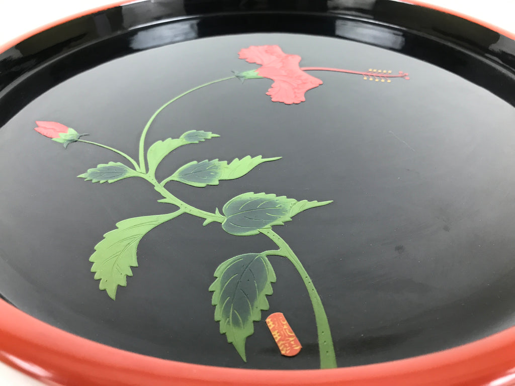 Japanese Lacquer Wood Serving Tray Vtg Ryukyu Shikki Hibiscus Round Black L549