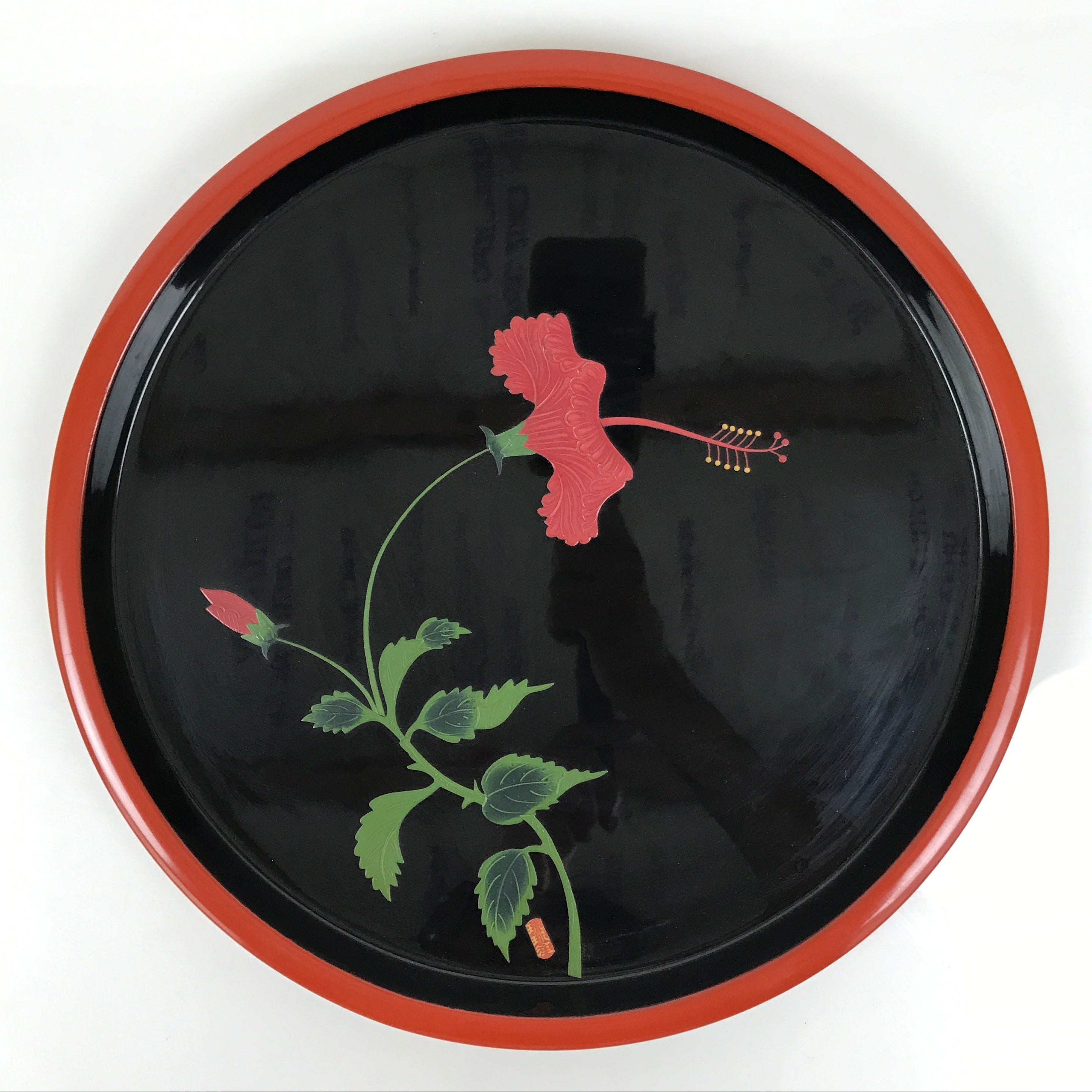 Japanese Lacquer Wood Serving Tray Vtg Ryukyu Shikki Hibiscus Round Black L549