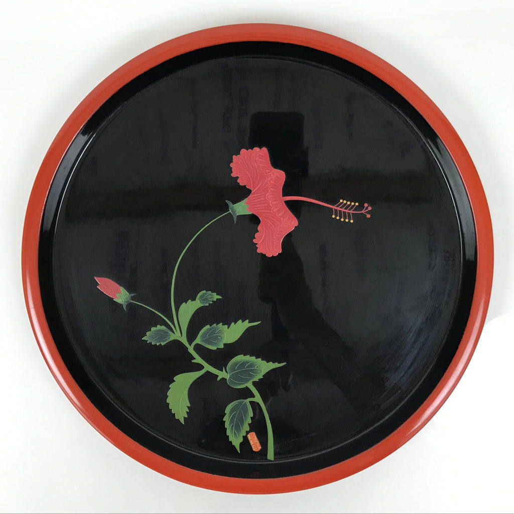 Japanese Lacquer Wood Serving Tray Vtg Ryukyu Shikki Hibiscus Round Black L549