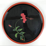 Japanese Lacquer Wood Serving Tray Vtg Ryukyu Shikki Hibiscus Round Black L549