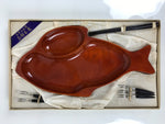 Japanese Lacquer Wood Shunkei Serving Plate Set Vtg Fish-Shape Tray Forks LWB179
