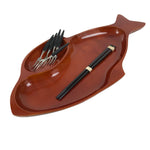 Japanese Lacquer Wood Shunkei Serving Plate Set Vtg Fish-Shape Tray Forks LWB179