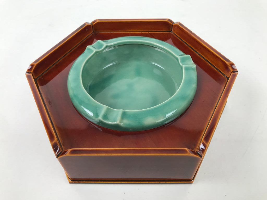 Japanese Lacquer Wood Stand Porcelain Ashtray Shunkei-Nuri Green Hexagon LWB105