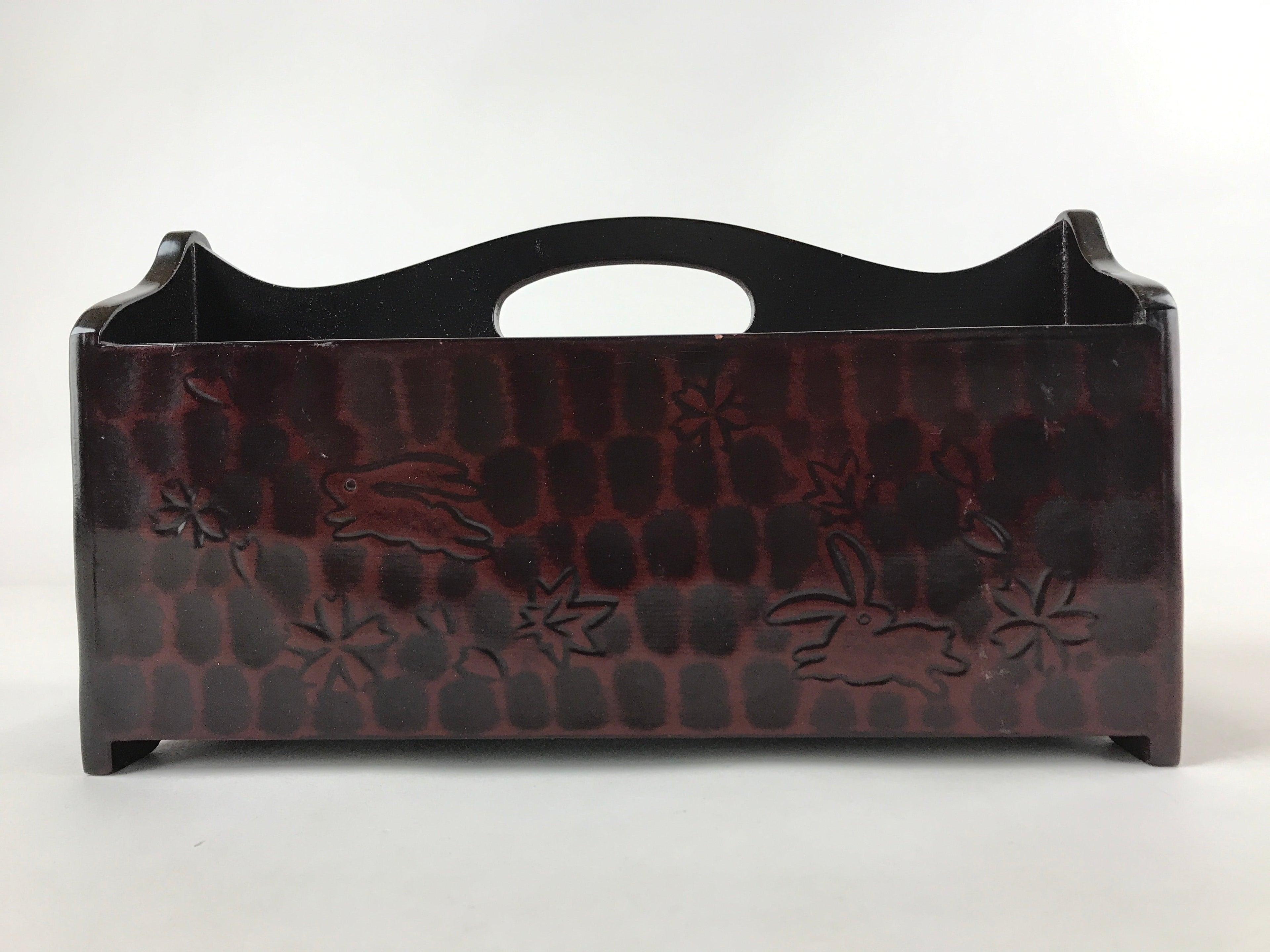 Japanese Lacquer Wood Table Organizer Box Vtg Handle Kamakurabori Rabbit JK625