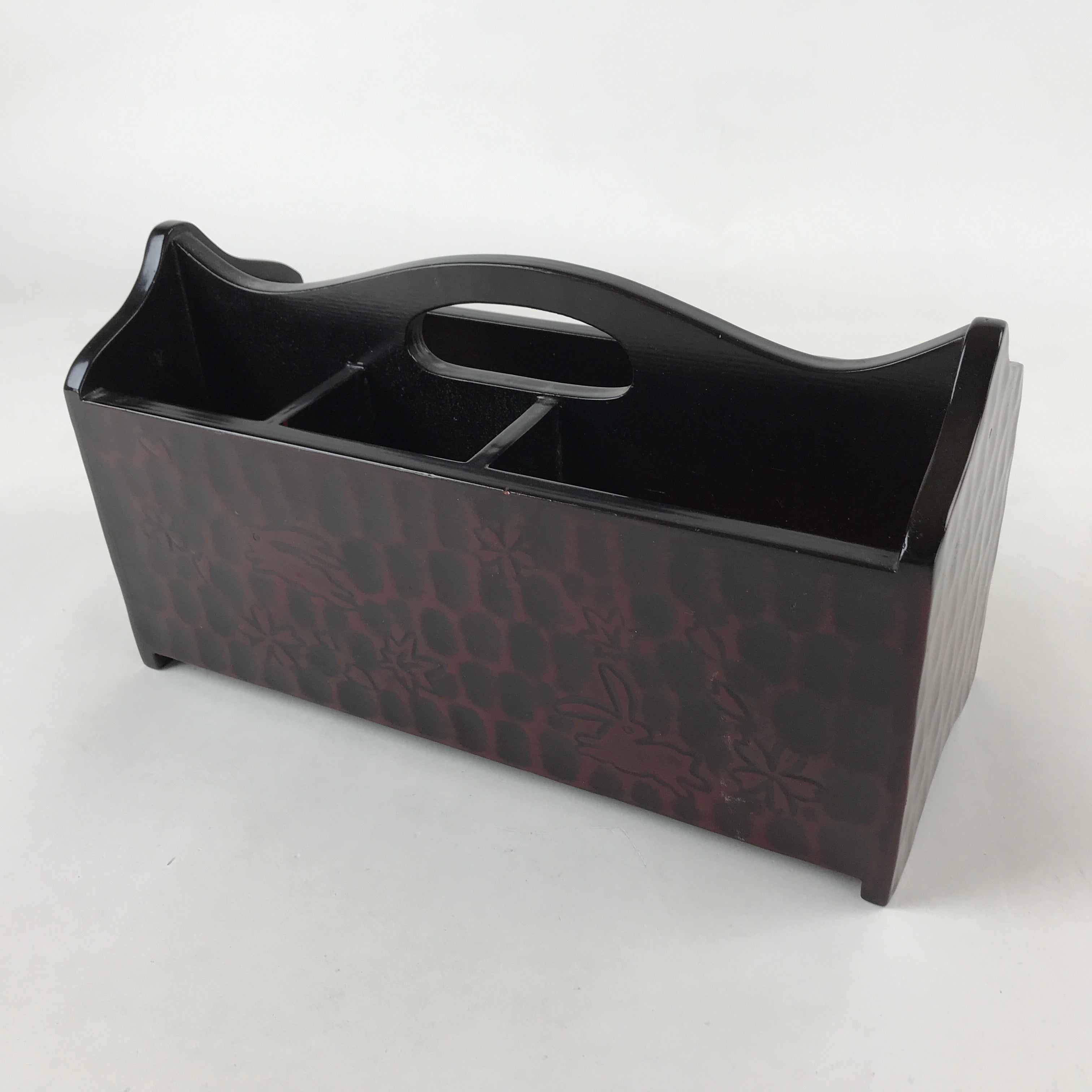 Japanese Lacquer Wood Table Organizer Box Vtg Handle Kamakurabori Rabbit JK625