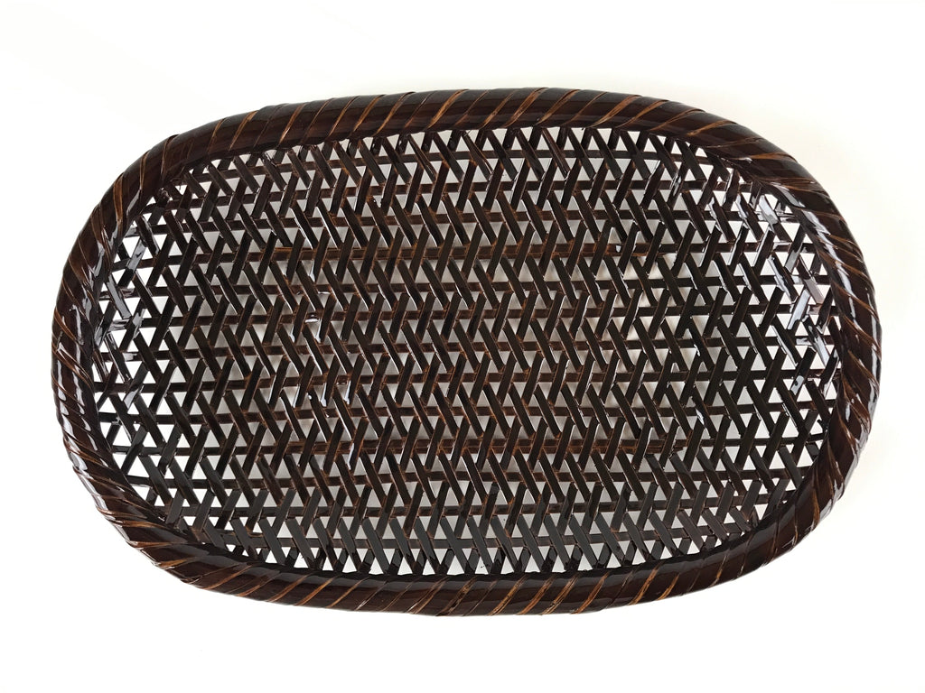 Japanese Lacquered Bamboo Basket Morikago Vtg Handwoven Oval Dark Brown L125