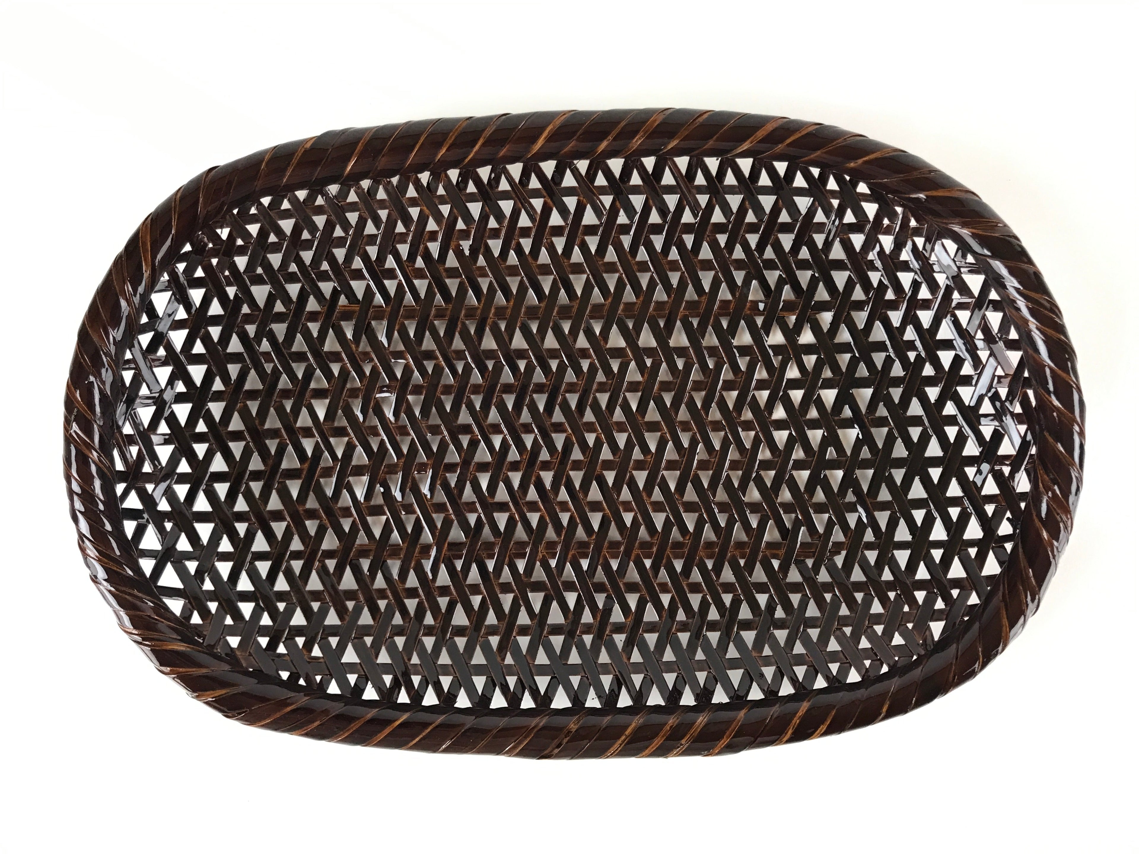 Japanese Lacquered Bamboo Basket Morikago Vtg Handwoven Oval Dark Brown L125