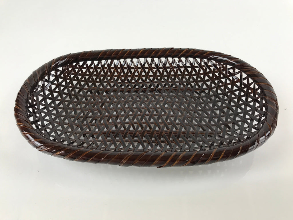 Japanese Lacquered Bamboo Basket Morikago Vtg Handwoven Oval Dark Brown L125