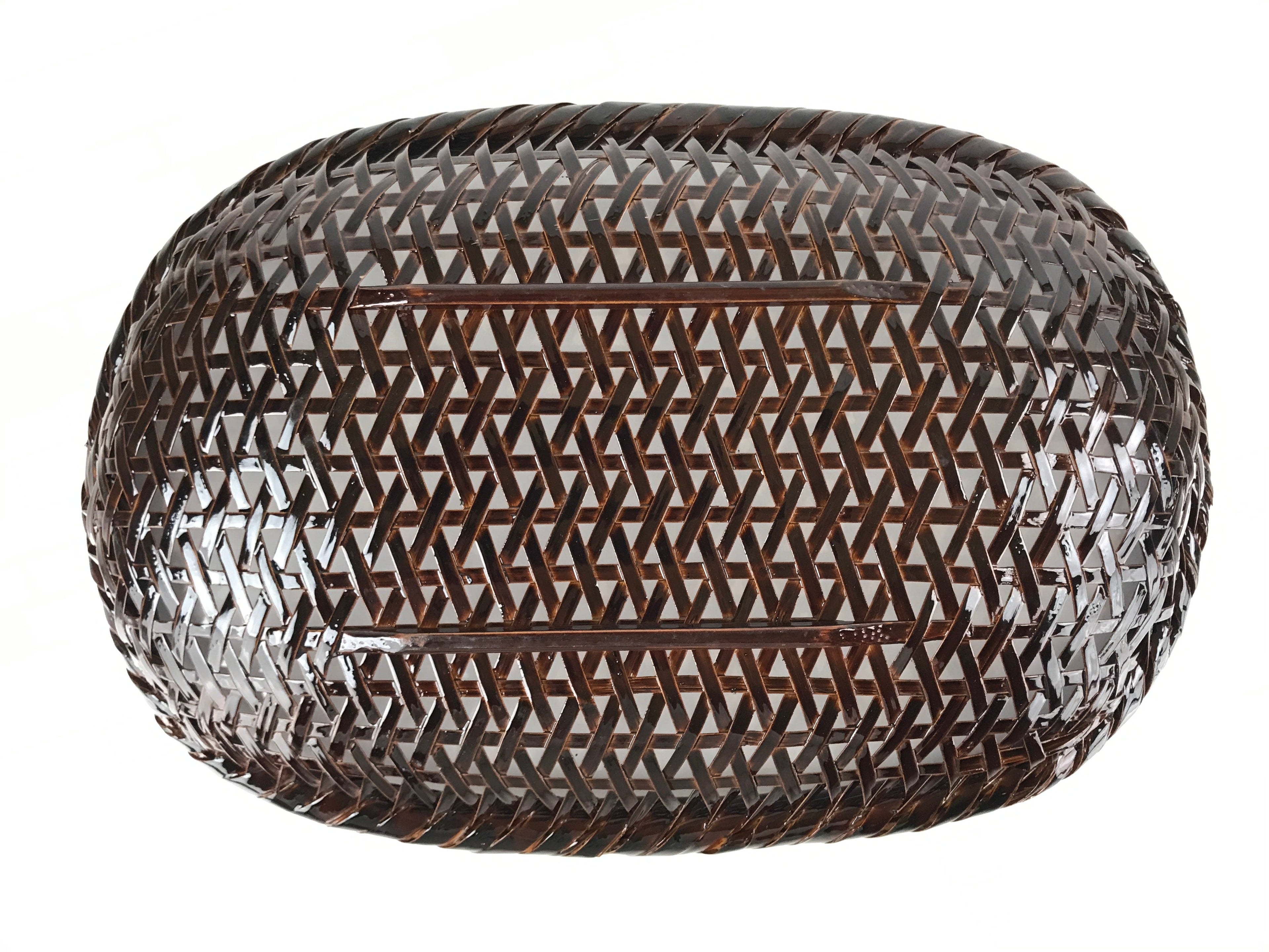Japanese Lacquered Bamboo Basket Morikago Vtg Handwoven Oval Dark Brown L125