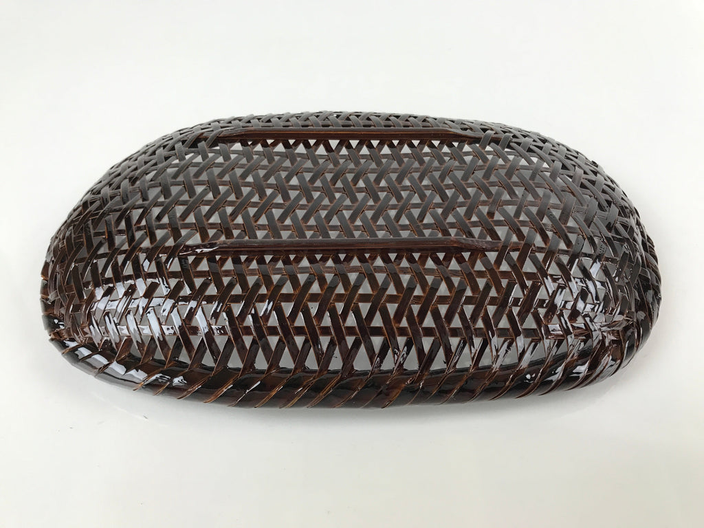 Japanese Lacquered Bamboo Basket Morikago Vtg Handwoven Oval Dark Brown L125