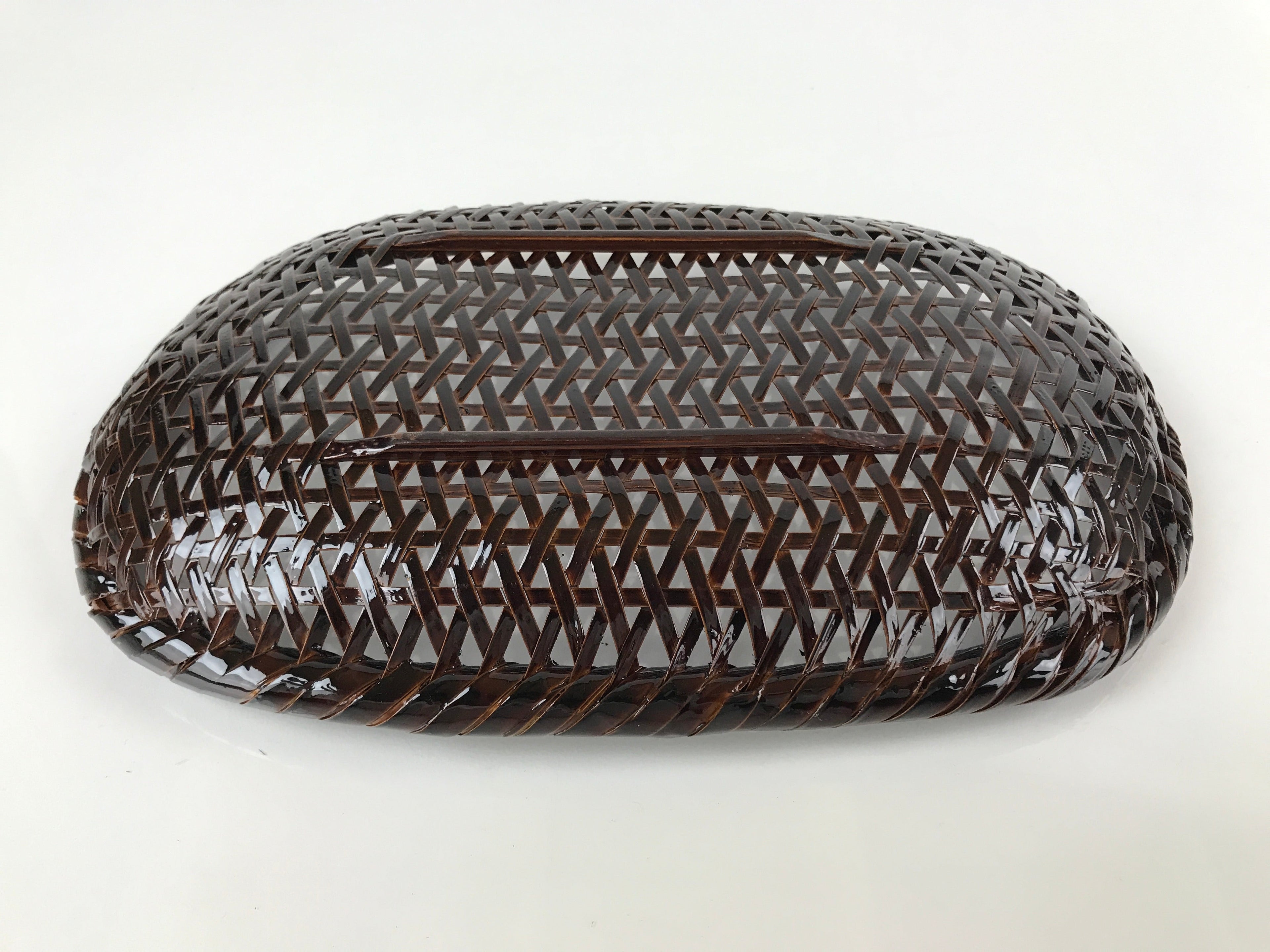 Japanese Lacquered Bamboo Basket Morikago Vtg Handwoven Oval Dark Brown L125