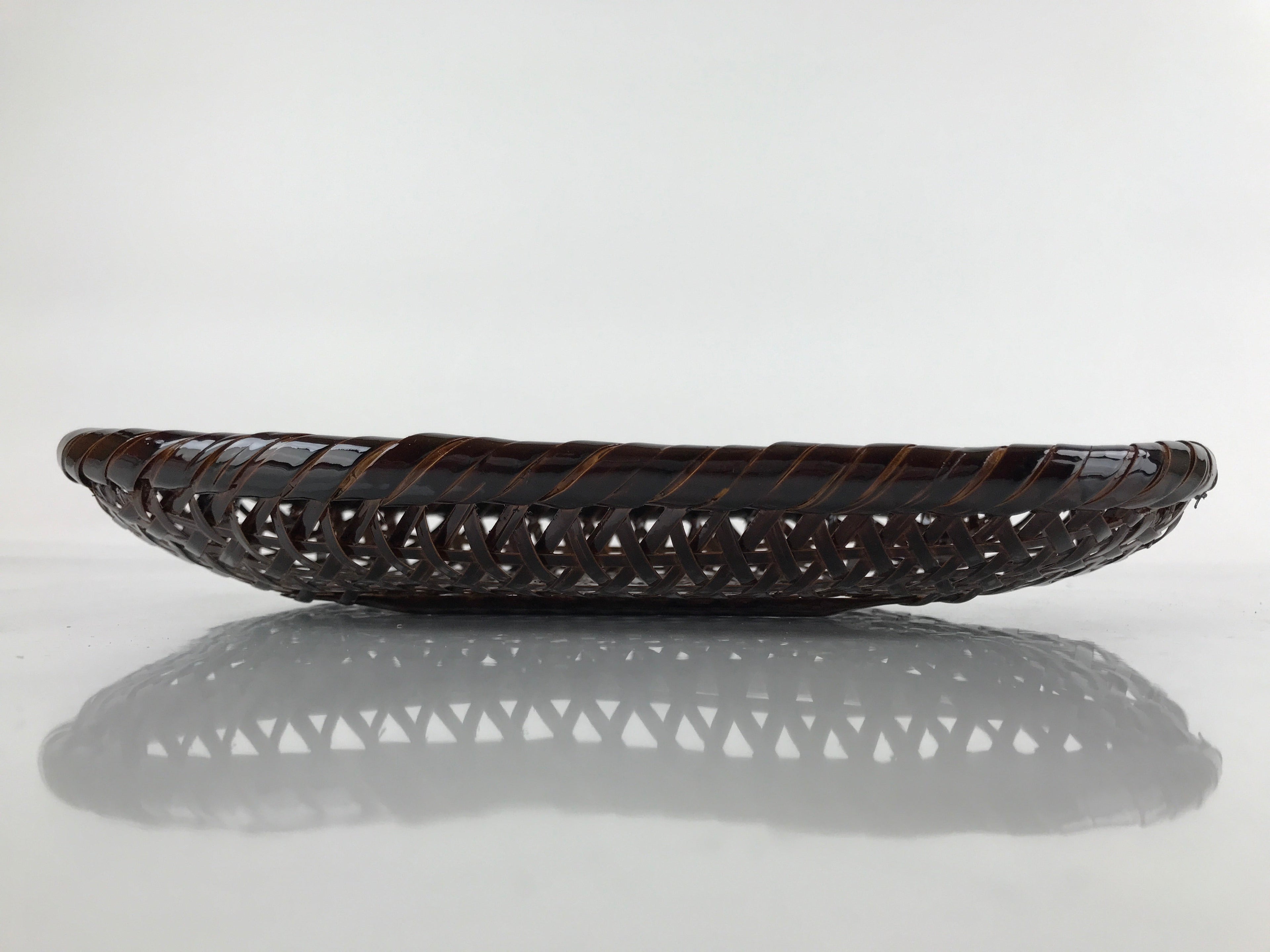 Japanese Lacquered Bamboo Basket Morikago Vtg Handwoven Oval Dark Brown L125