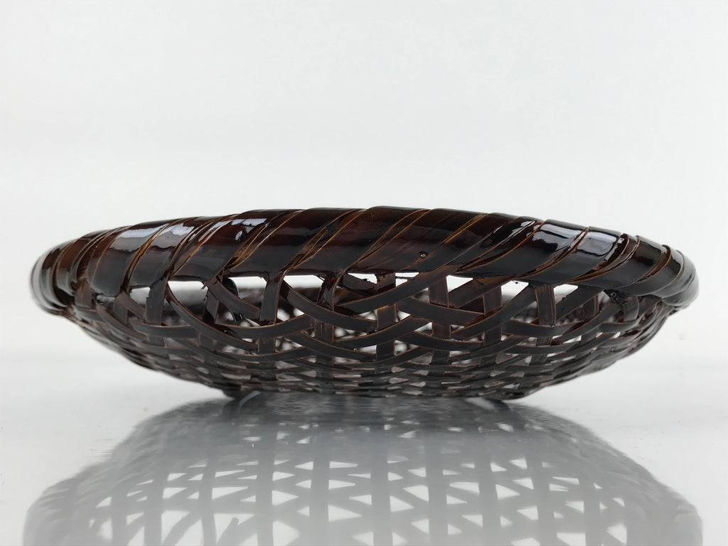 Japanese Lacquered Bamboo Basket Morikago Vtg Handwoven Oval Dark Brown L125