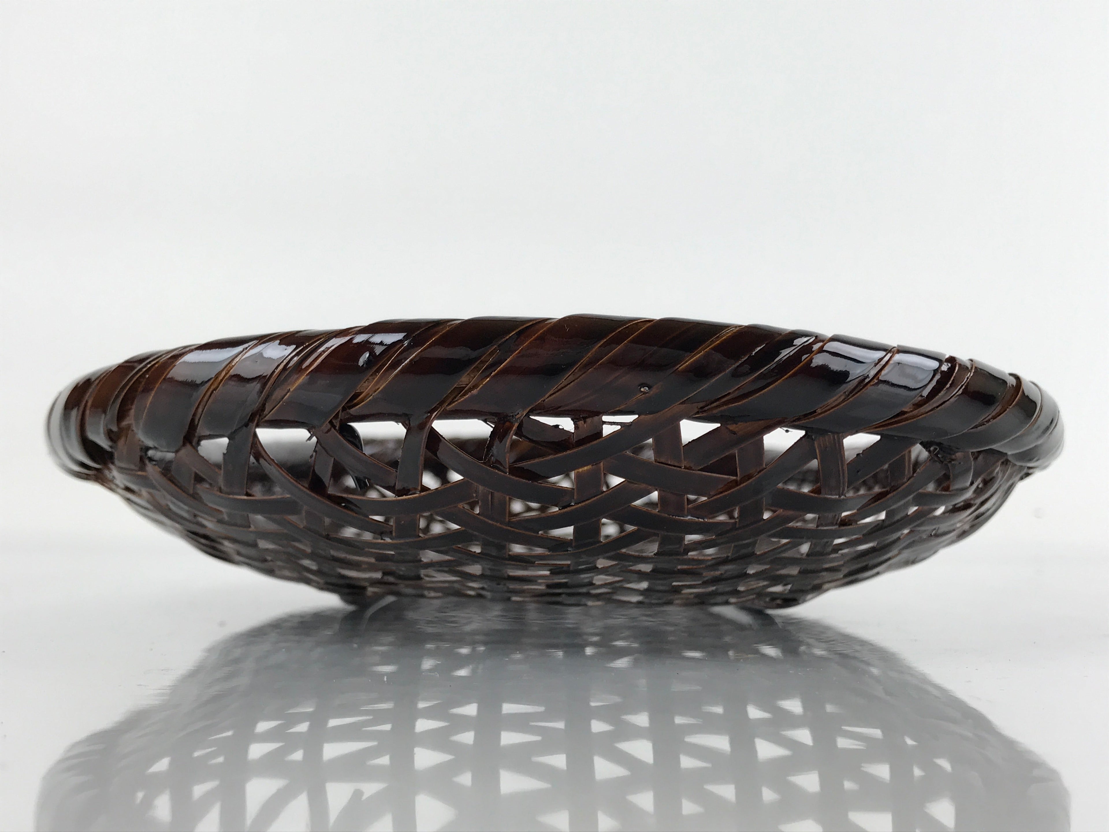 Japanese Lacquered Bamboo Basket Morikago Vtg Handwoven Oval Dark Brown L125