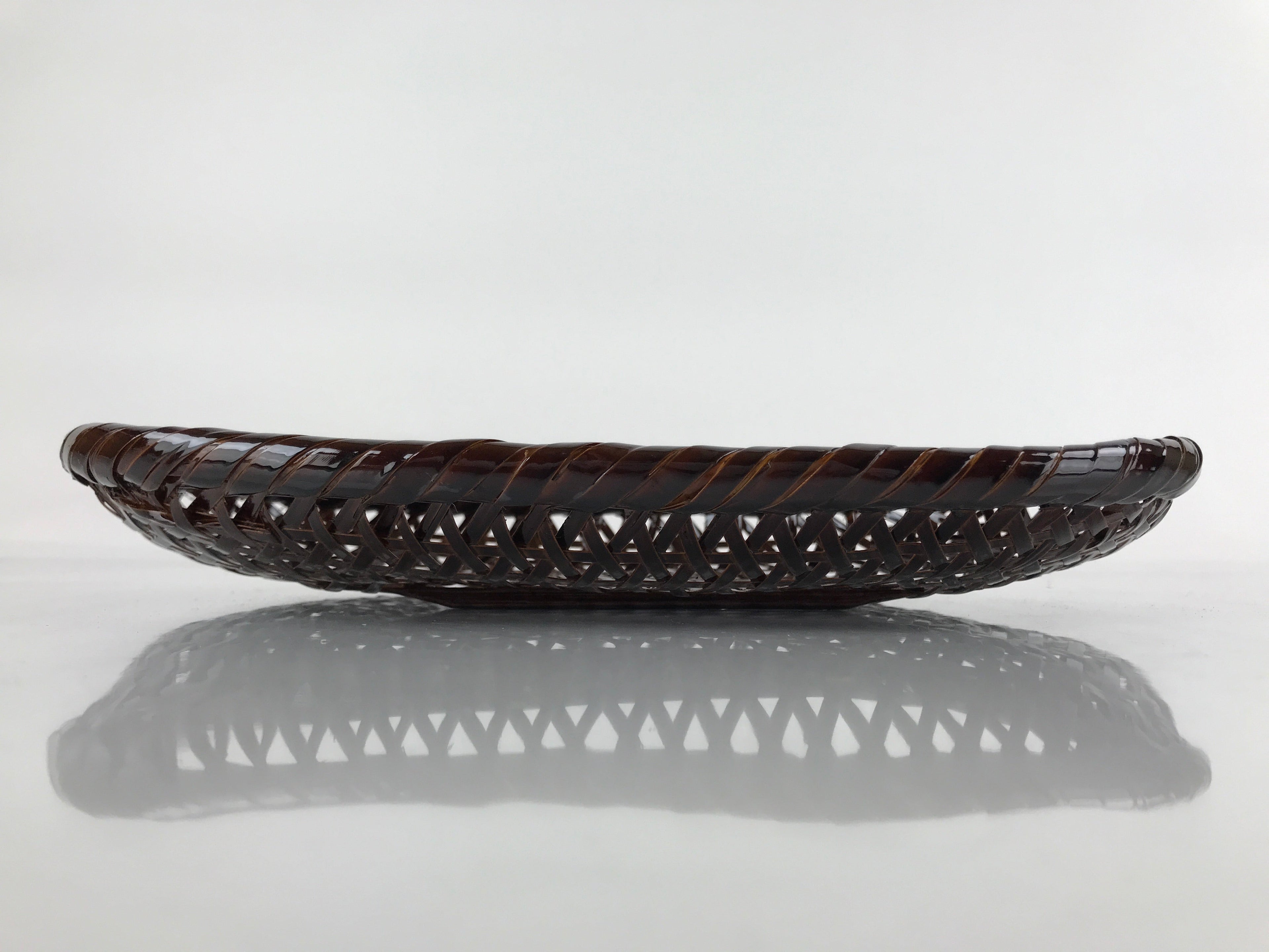 Japanese Lacquered Bamboo Basket Morikago Vtg Handwoven Oval Dark Brown L125