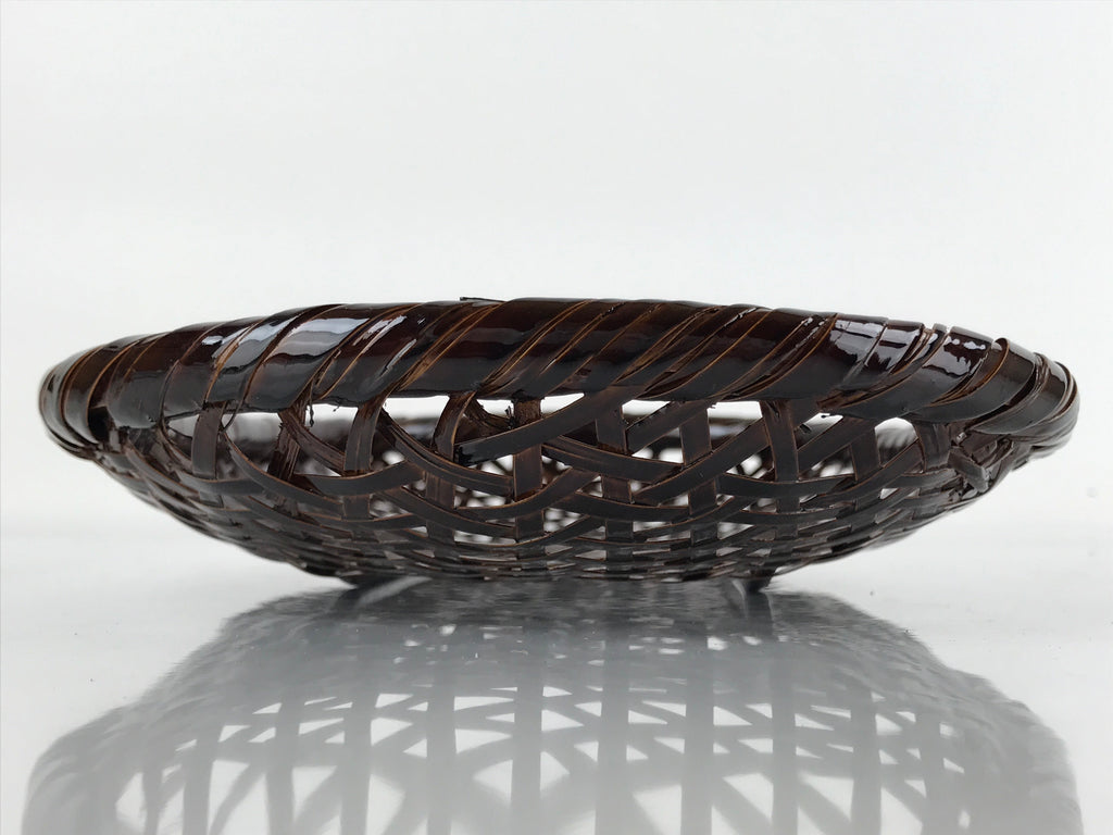 Japanese Lacquered Bamboo Basket Morikago Vtg Handwoven Oval Dark Brown L125
