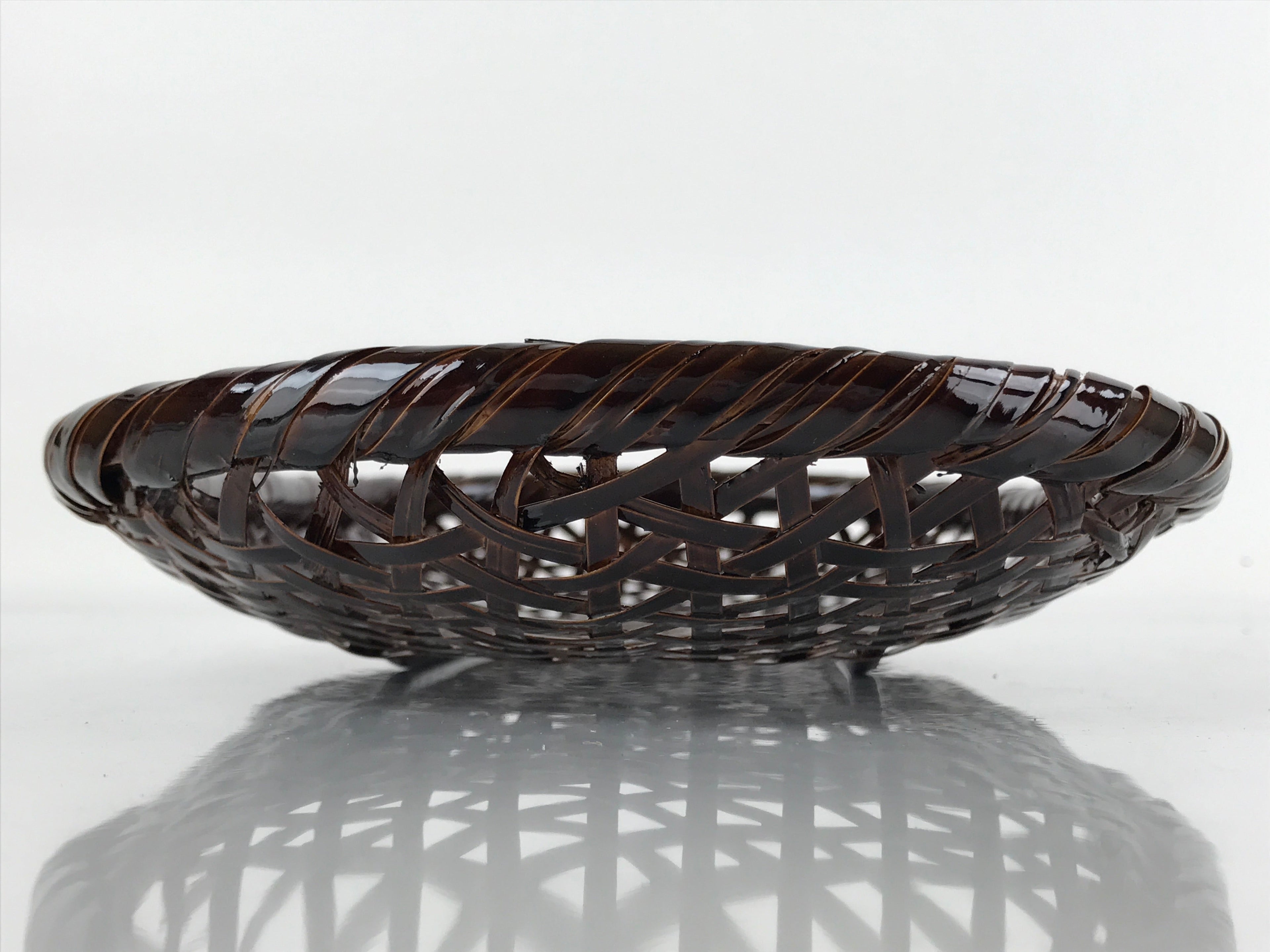 Japanese Lacquered Bamboo Basket Morikago Vtg Handwoven Oval Dark Brown L125