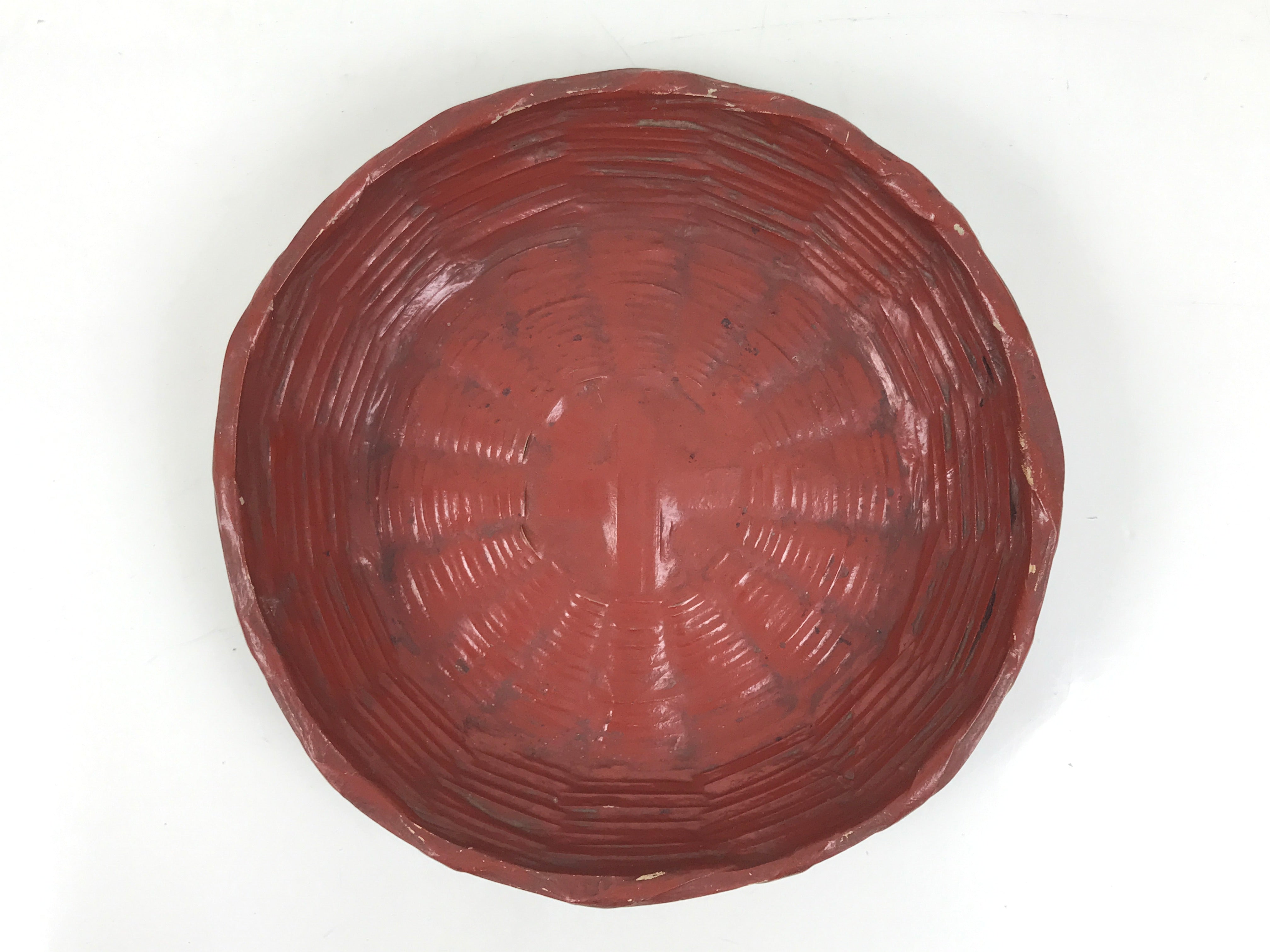 Japanese Lacquered Bamboo Basket Morikago Vtg Handwoven RoundReddish Brown L530