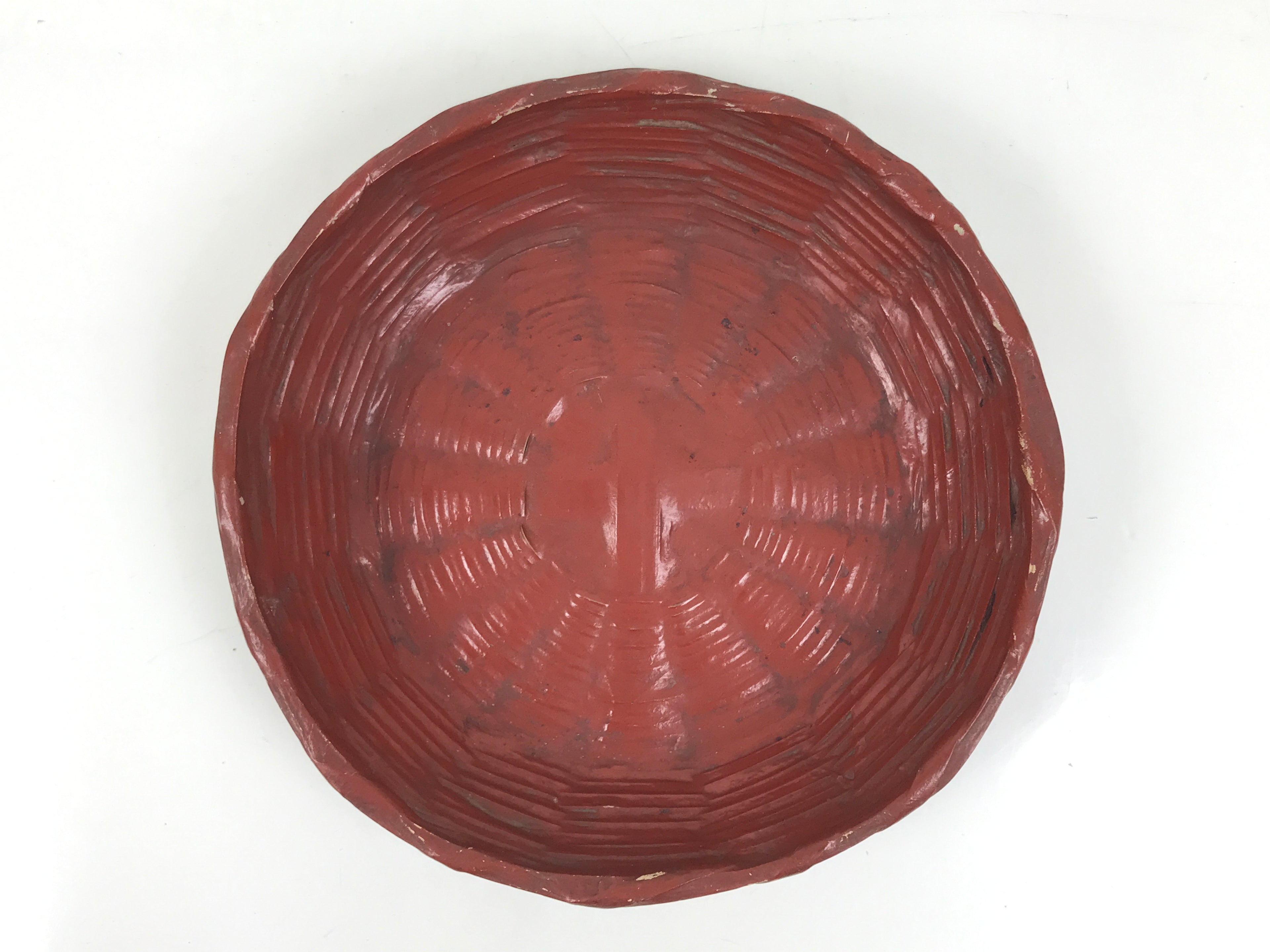 Japanese Lacquered Bamboo Basket Morikago Vtg Handwoven RoundReddish Brown L530