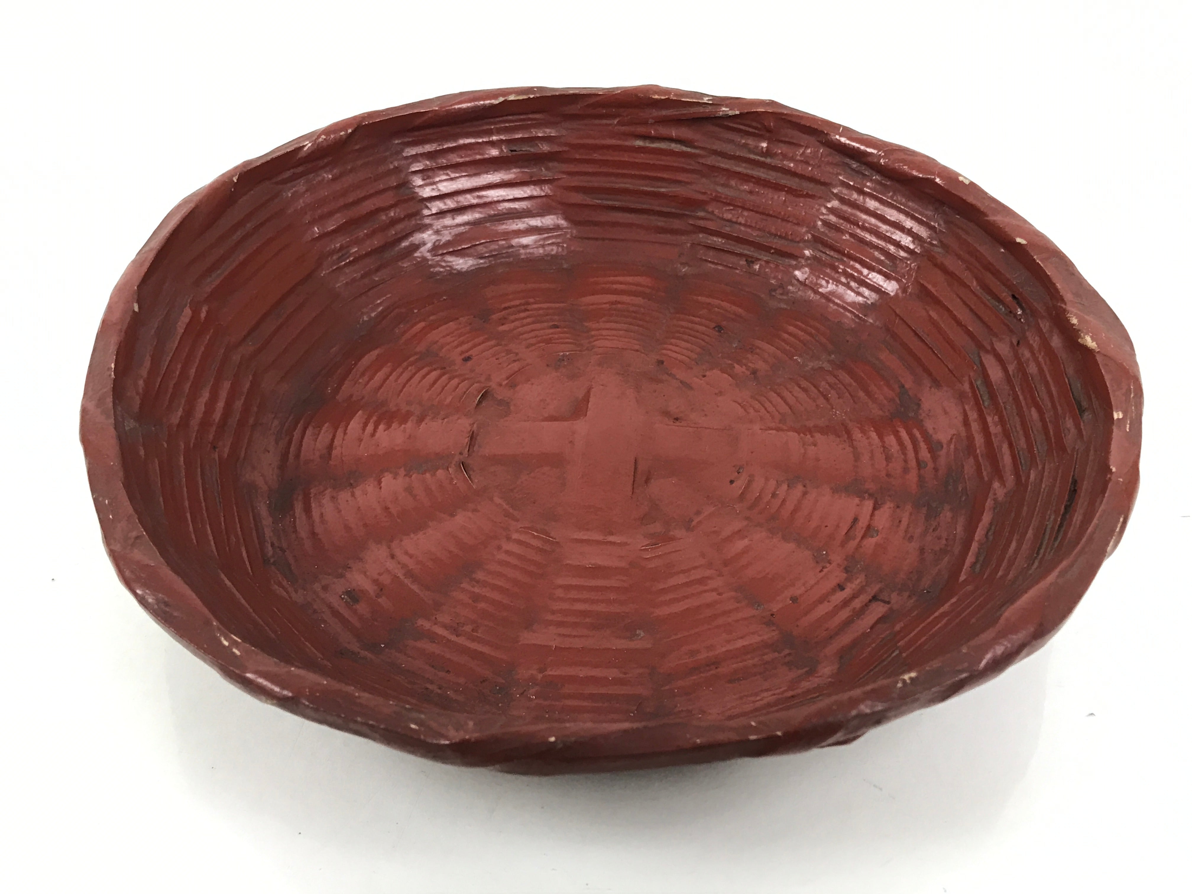 Japanese Lacquered Bamboo Basket Morikago Vtg Handwoven RoundReddish Brown L530