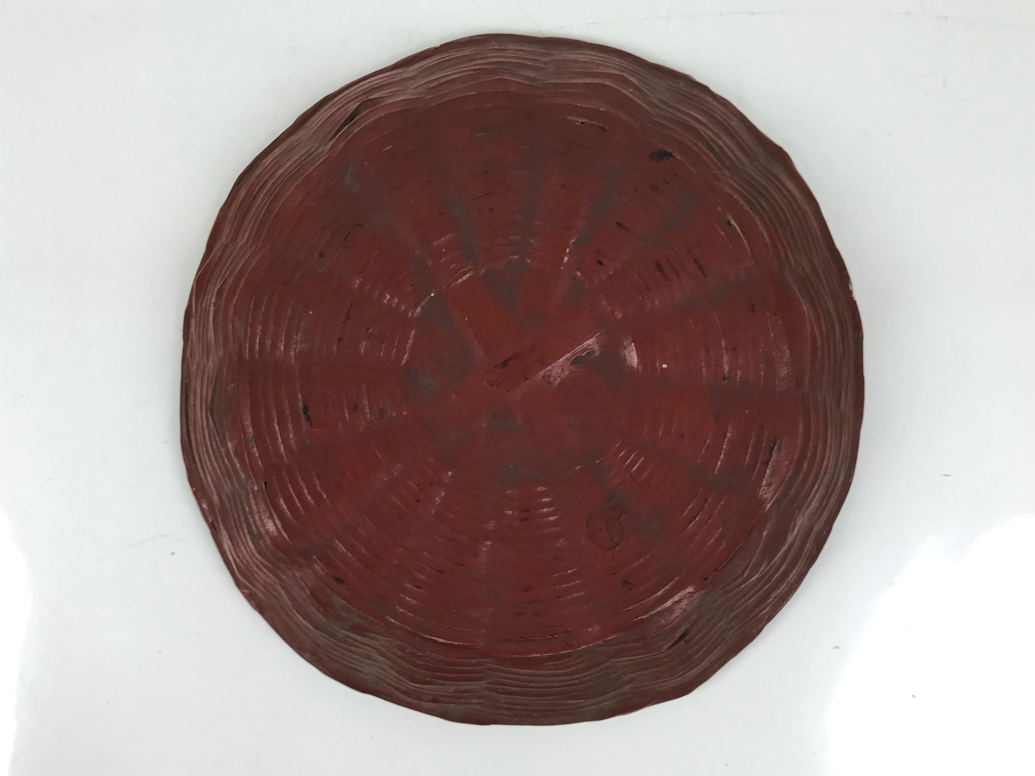 Japanese Lacquered Bamboo Basket Morikago Vtg Handwoven RoundReddish Brown L530