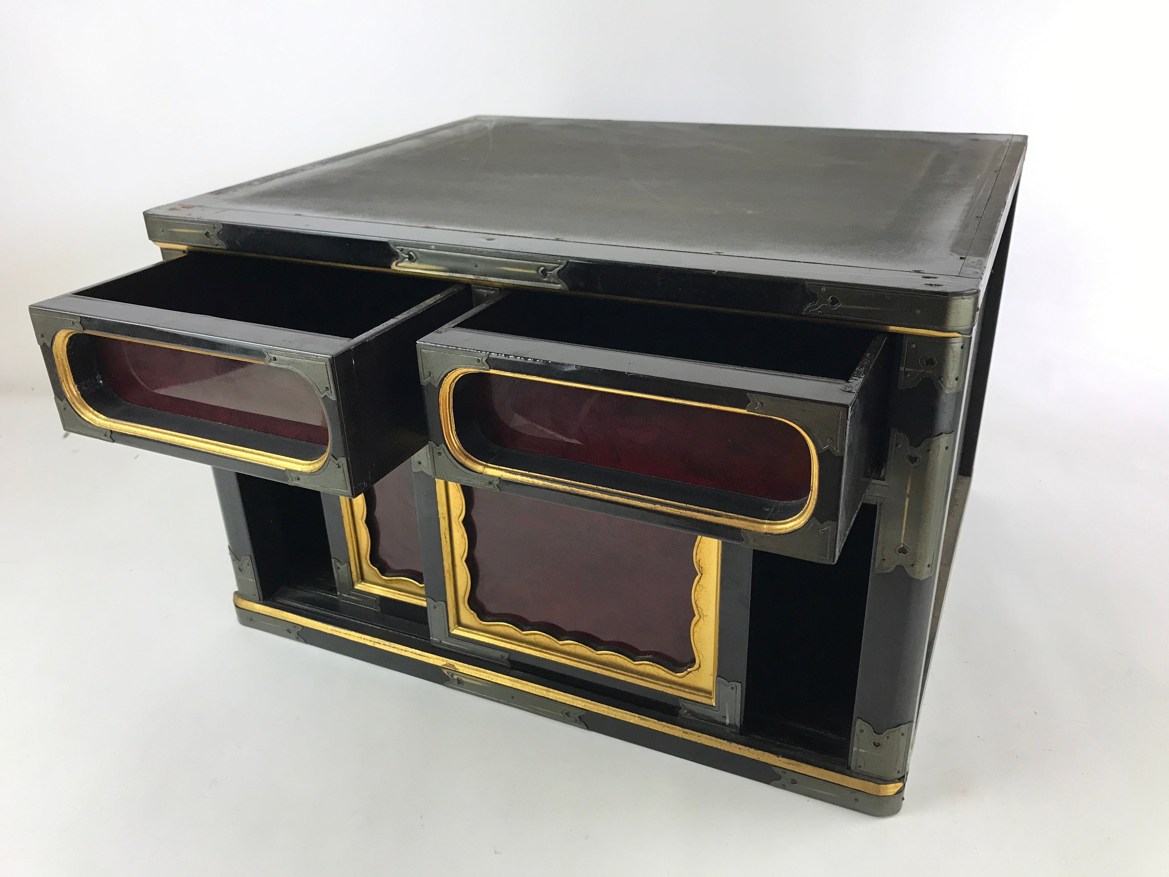 Japanese Lacquered Buddhist Altar Base Table Stand Drawers Gold Black BA41