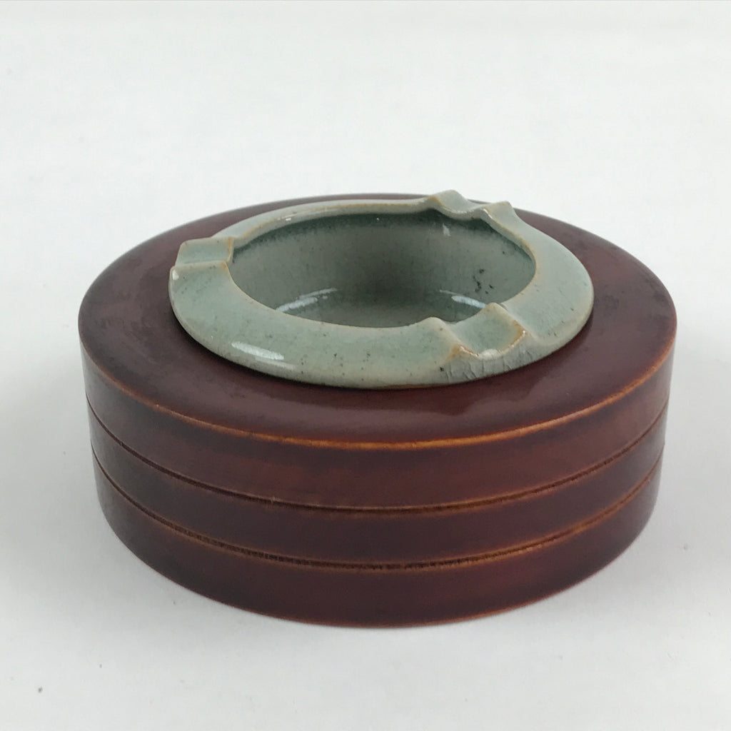 Japanese Lacquered Ceramic Ashtray Shunkei-Nuri Hida Brown Green Vtg LWB56