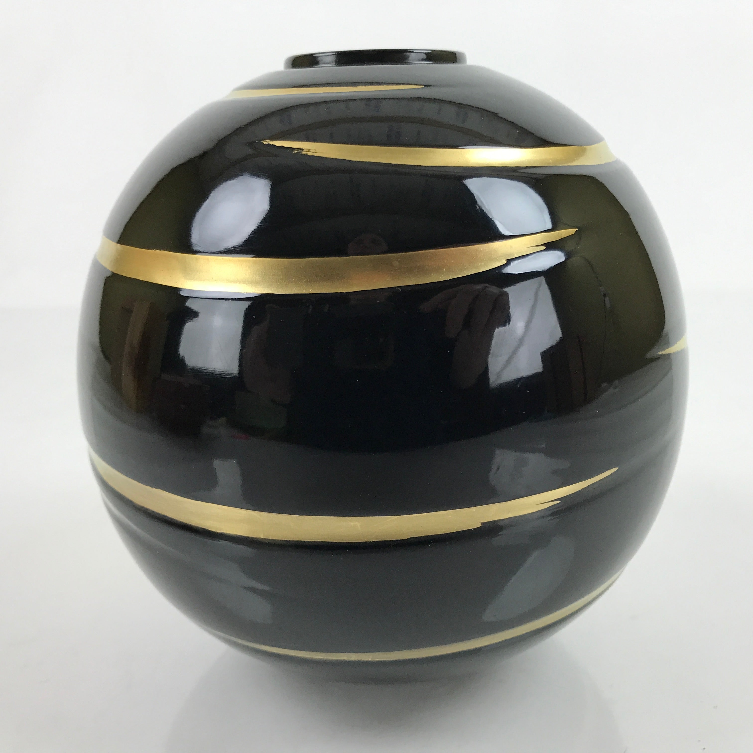 Japanese Lacquered Flower Vase Vtg Round Glossy Black Gold W/ Box PX730