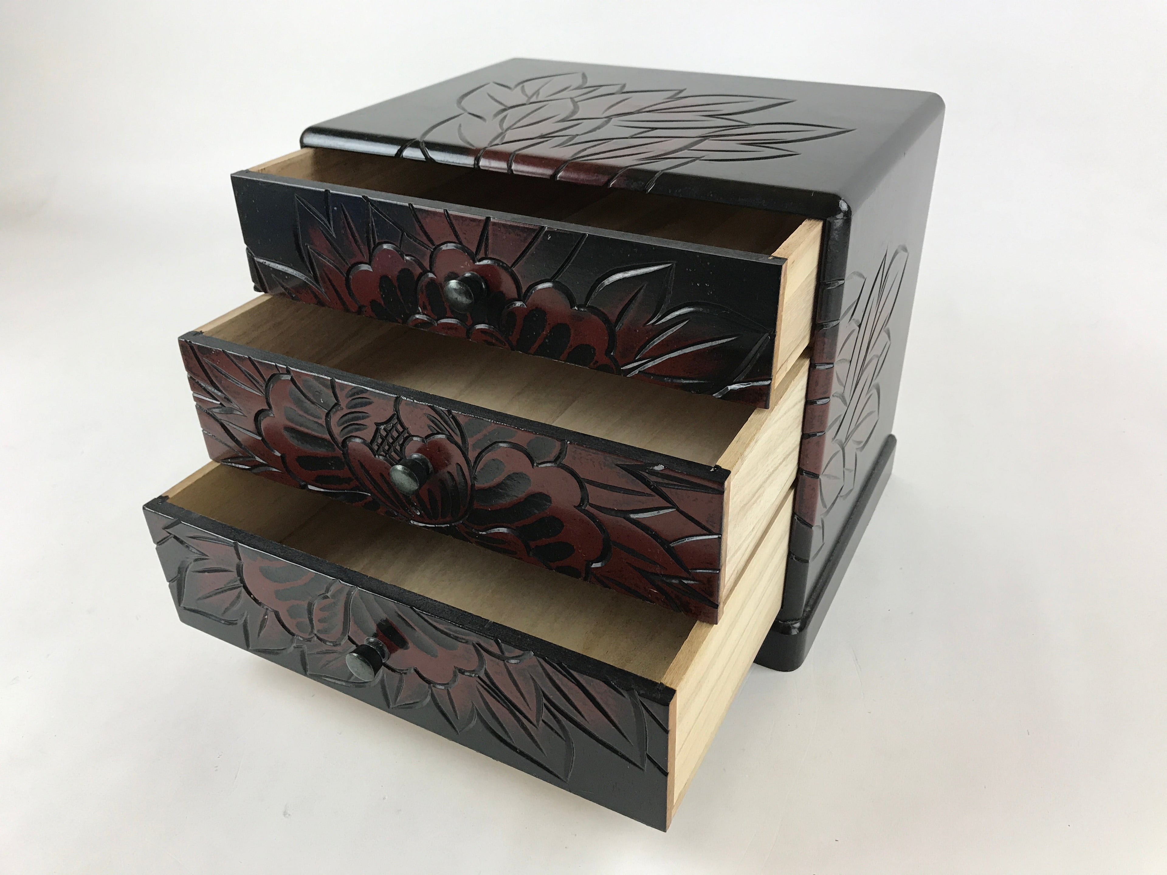Japanese Lacquered Kamakurabori Wooden Sewing Box Vtg Haribako Tansu T353