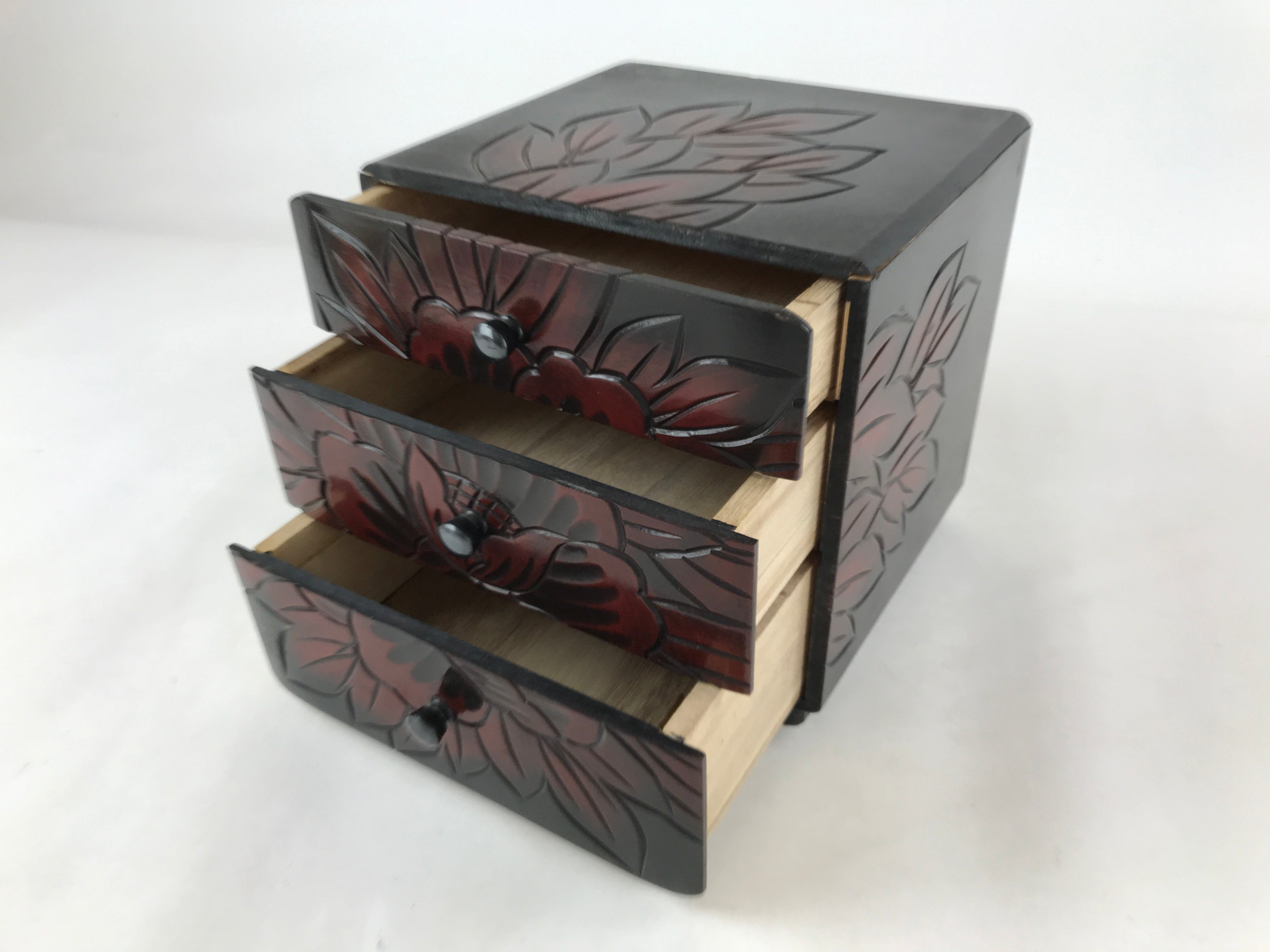 Japanese Lacquered Kamakurabori Wooden Sewing Box Vtg Haribako Tansu T364