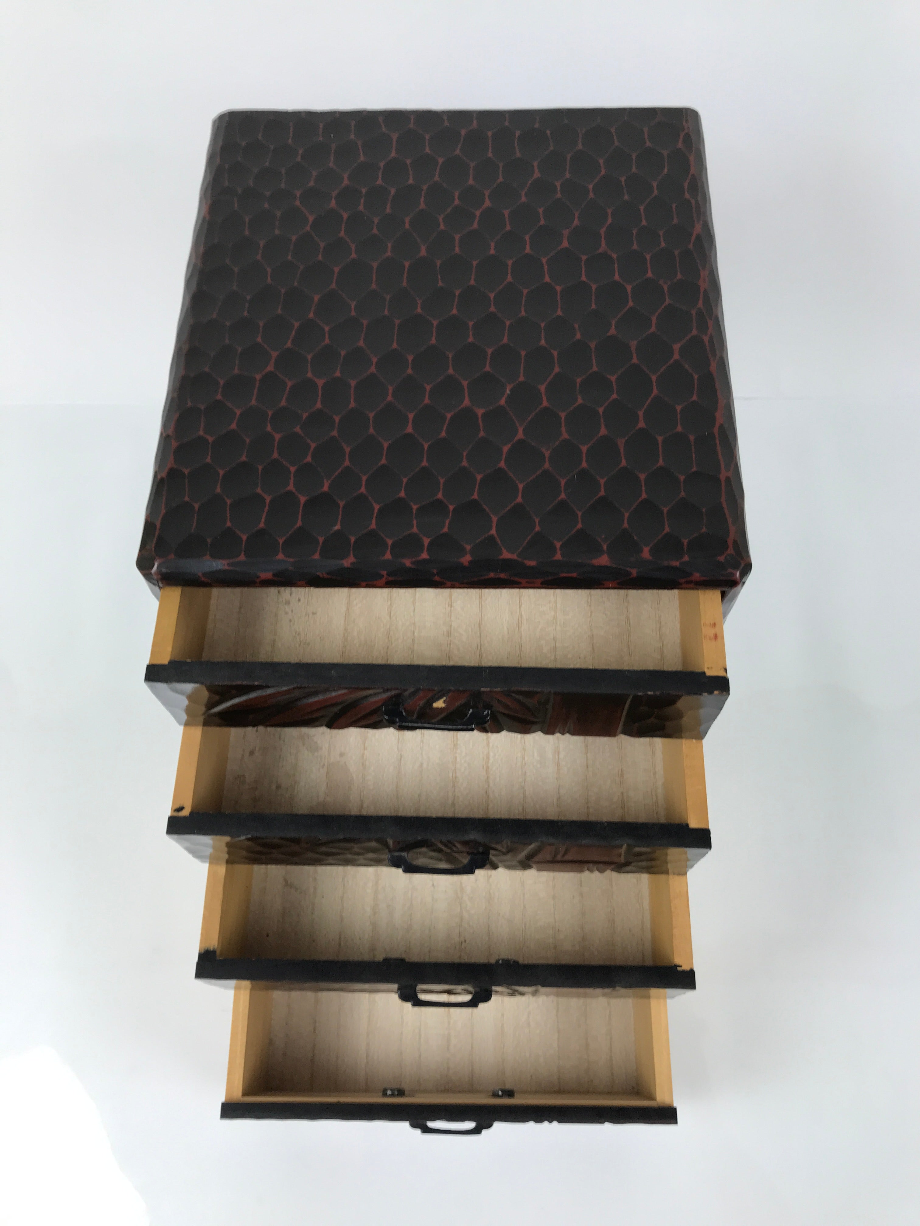 Japanese Lacquered Kamakurabori Wooden Tansu Chest Vtg Haribako Red Black T412