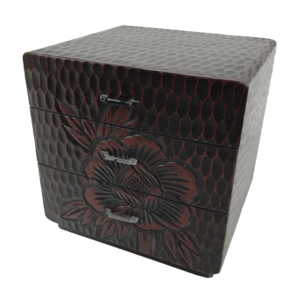 Japanese Lacquered Kamakurabori Wooden Tansu Chest Vtg Haribako Red Black T419
