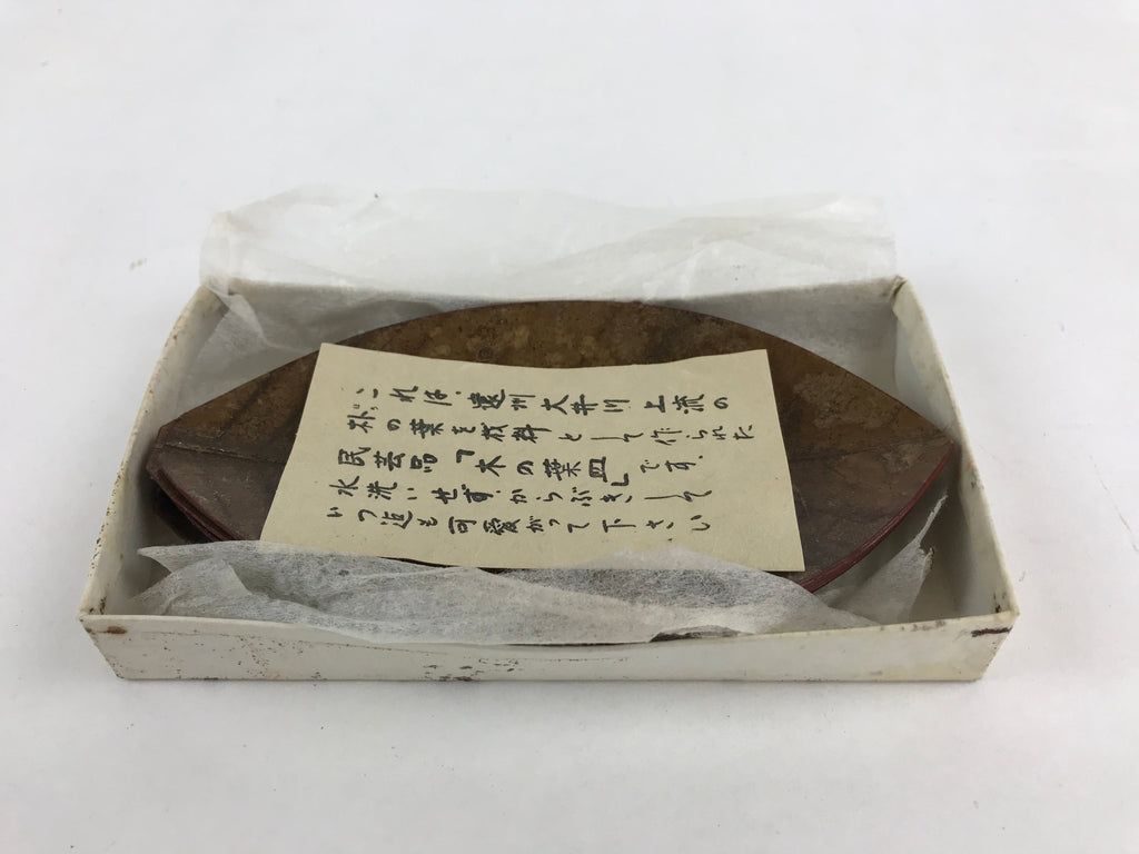 Japanese Lacquered Leaf Magnolia Sushi Plate Vtg Sweets Brown Red 5pc Set LWB58