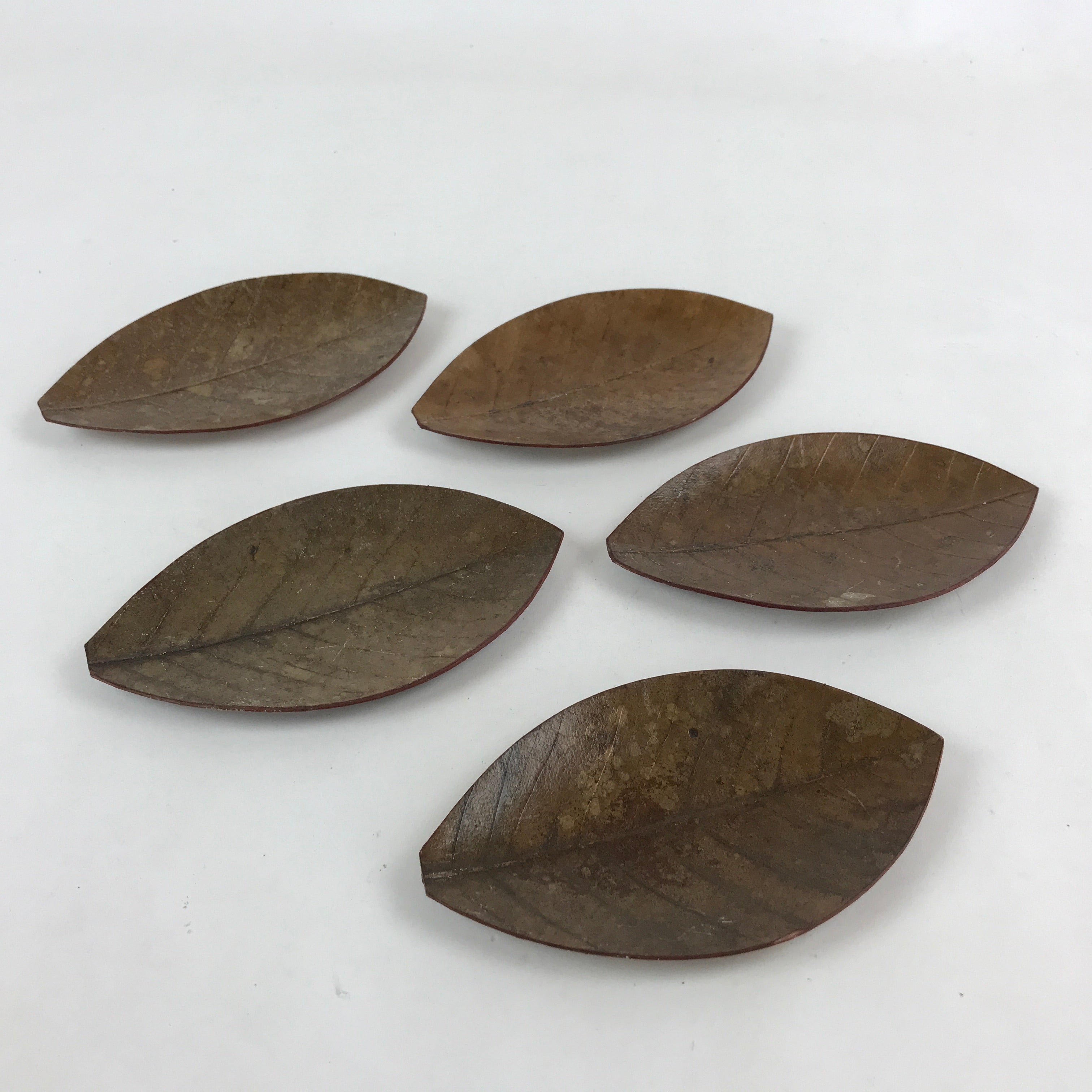 Japanese Lacquered Leaf Magnolia Sushi Plate Vtg Sweets Brown Red 5pc Set LWB58