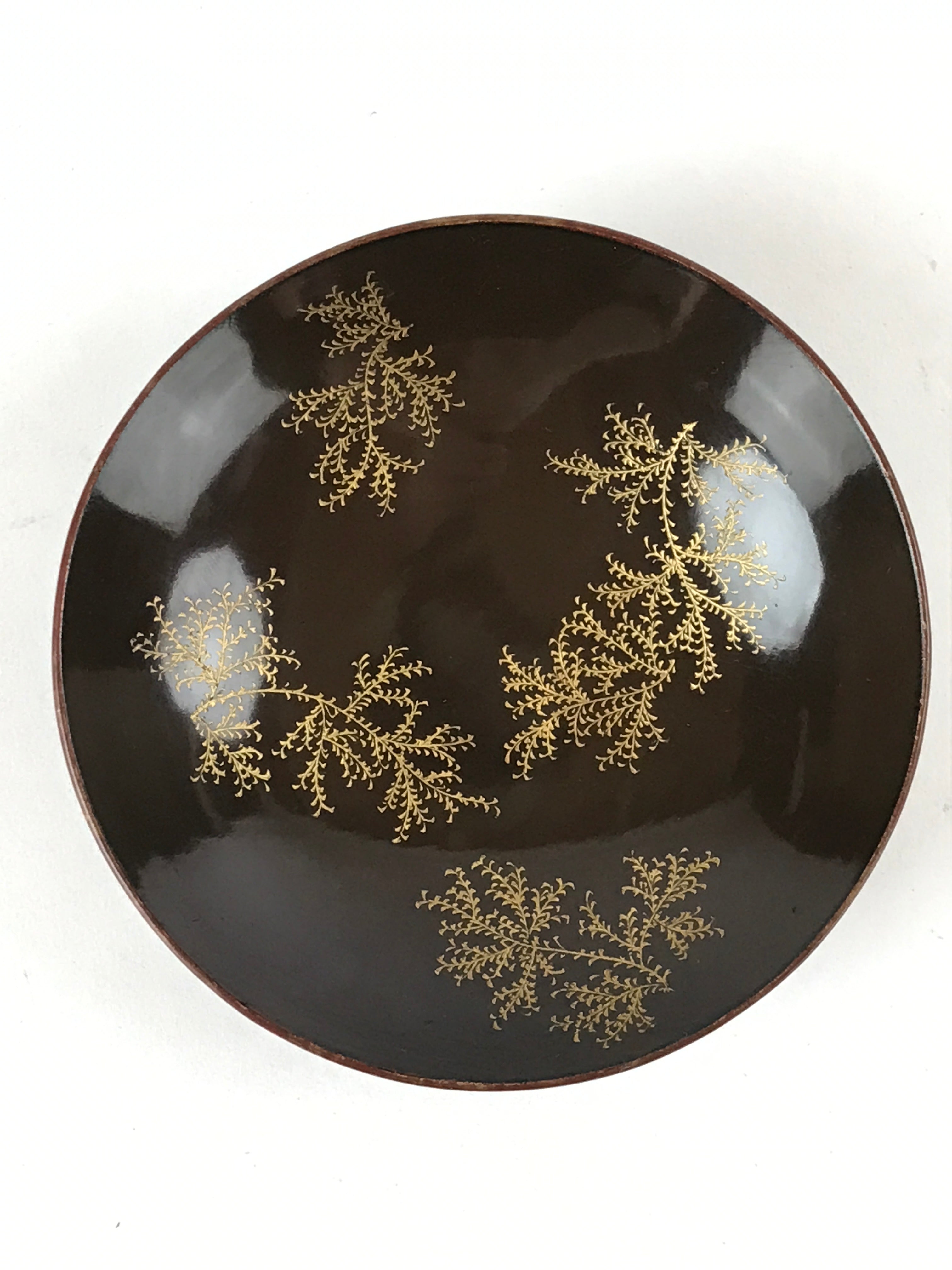 Japanese Lacquered Makie Sake Cup Sakazuki Vtg Guinomi Brown Gold Plants G102