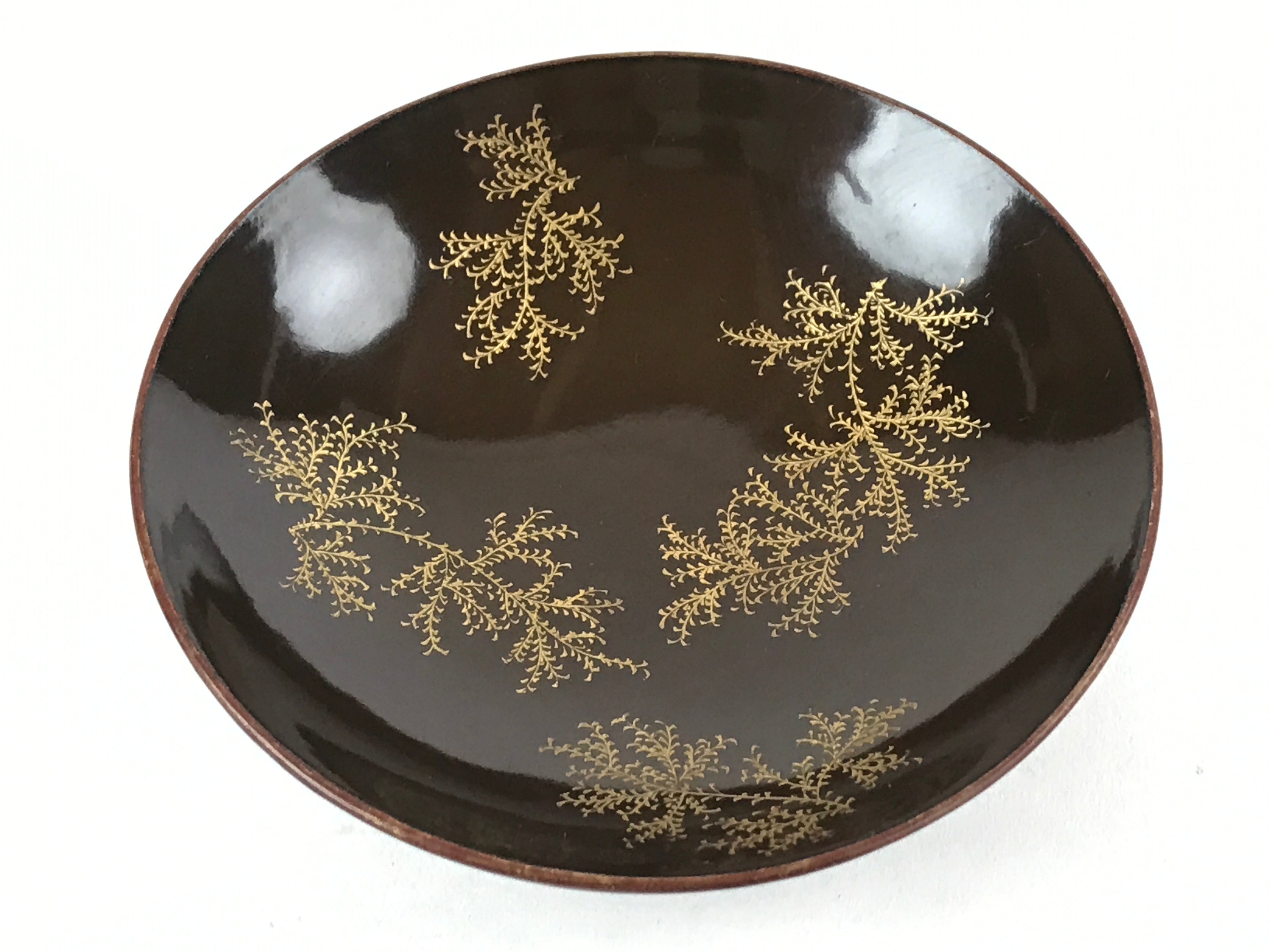 Japanese Lacquered Makie Sake Cup Sakazuki Vtg Guinomi Brown Gold Plants G102