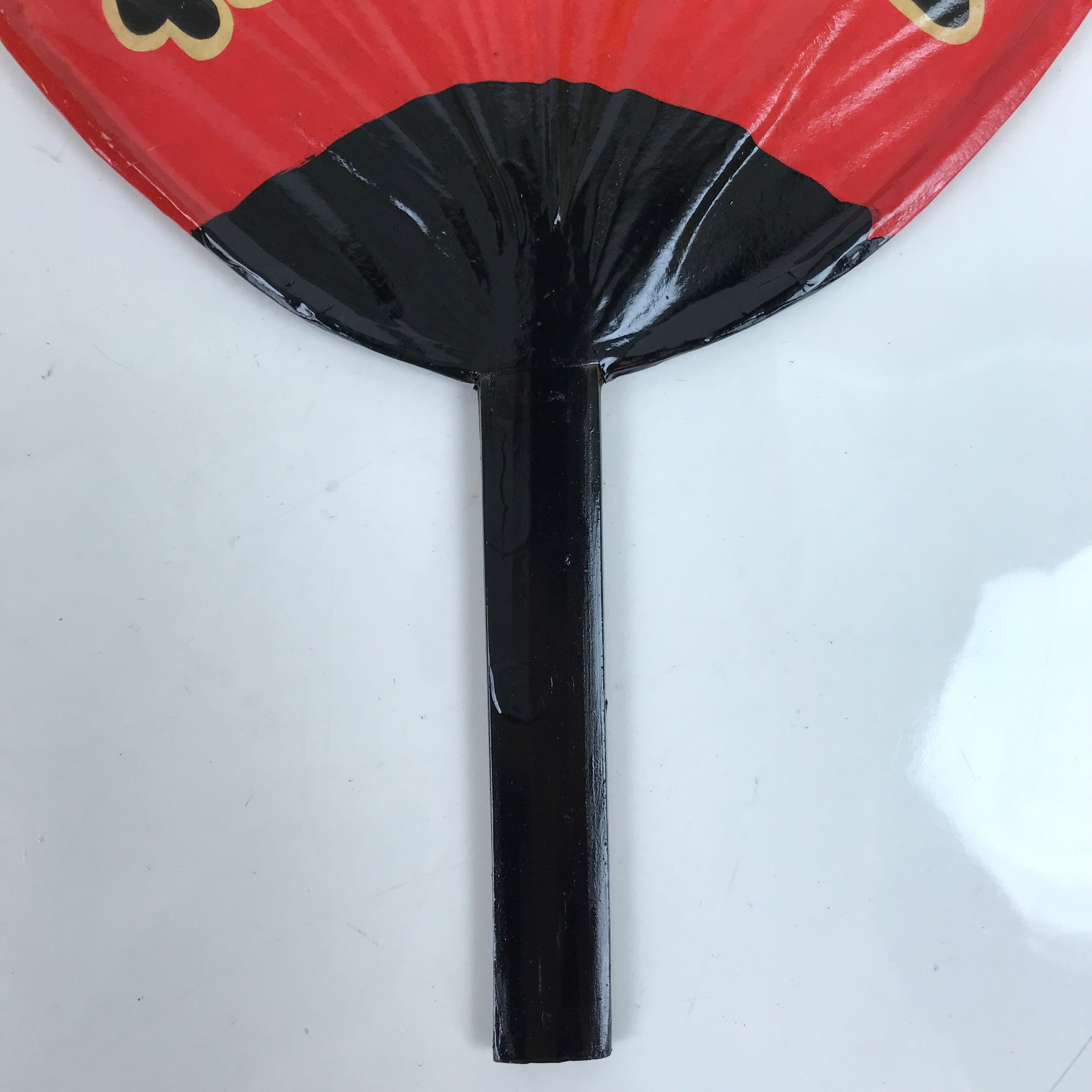 Japanese Lacquered Paper Fan Uchiwa Vtg Bamboo Daruma Red Black Gold U172