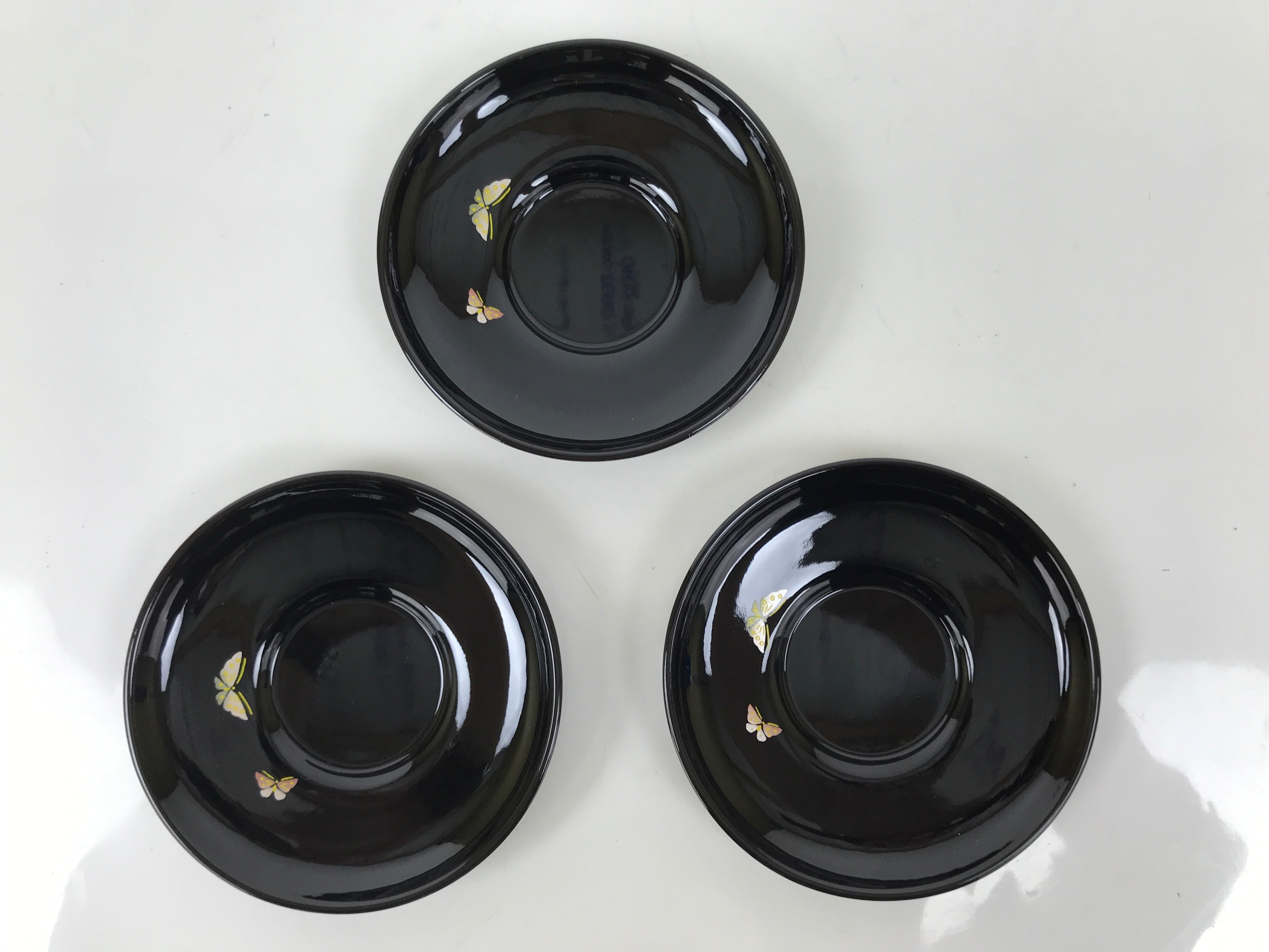 Japanese Lacquered Wood Drink Saucer Chataku Coaster 5pc Black Butterfly L536