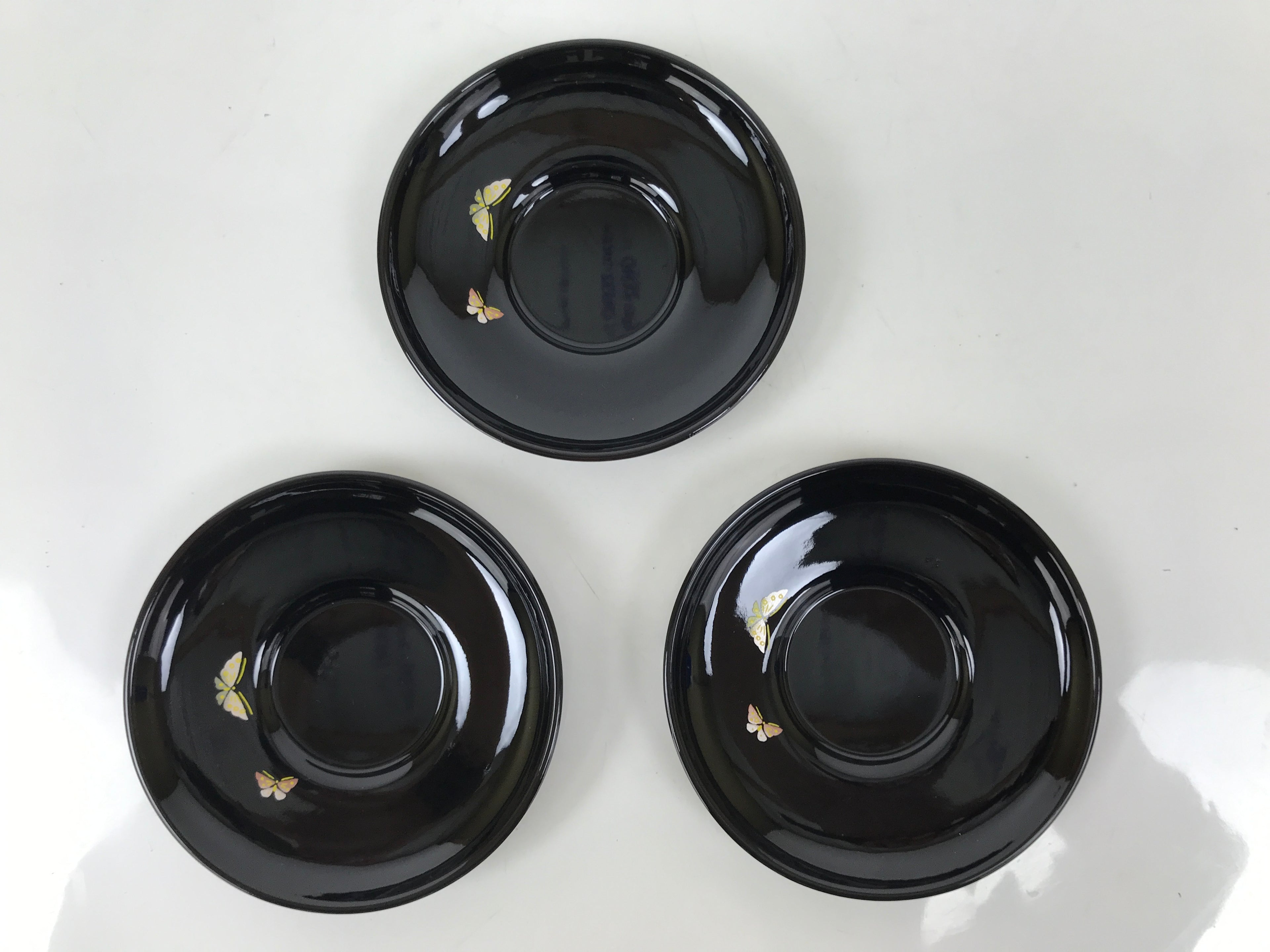 Japanese Lacquered Wood Drink Saucer Chataku Coaster 5pc Black Butterfly L536