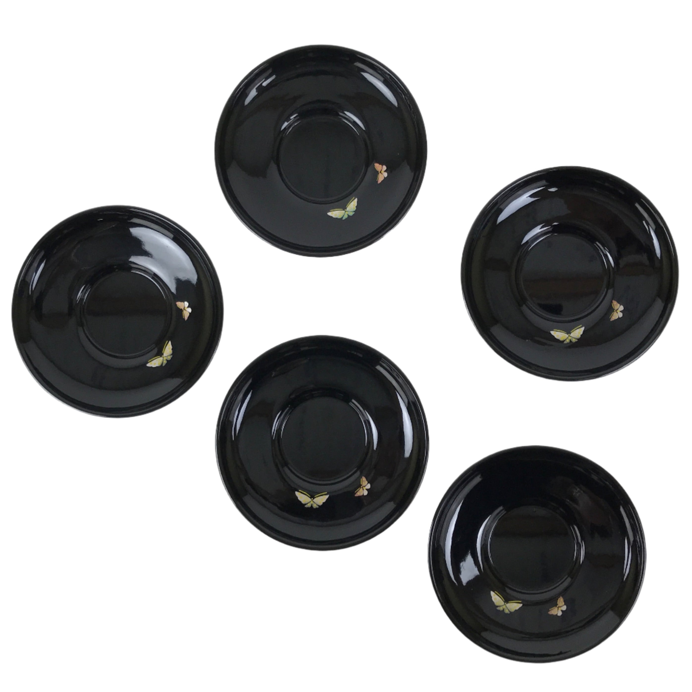 Japanese Lacquered Wood Drink Saucer Chataku Coaster 5pc Black Butterfly L536
