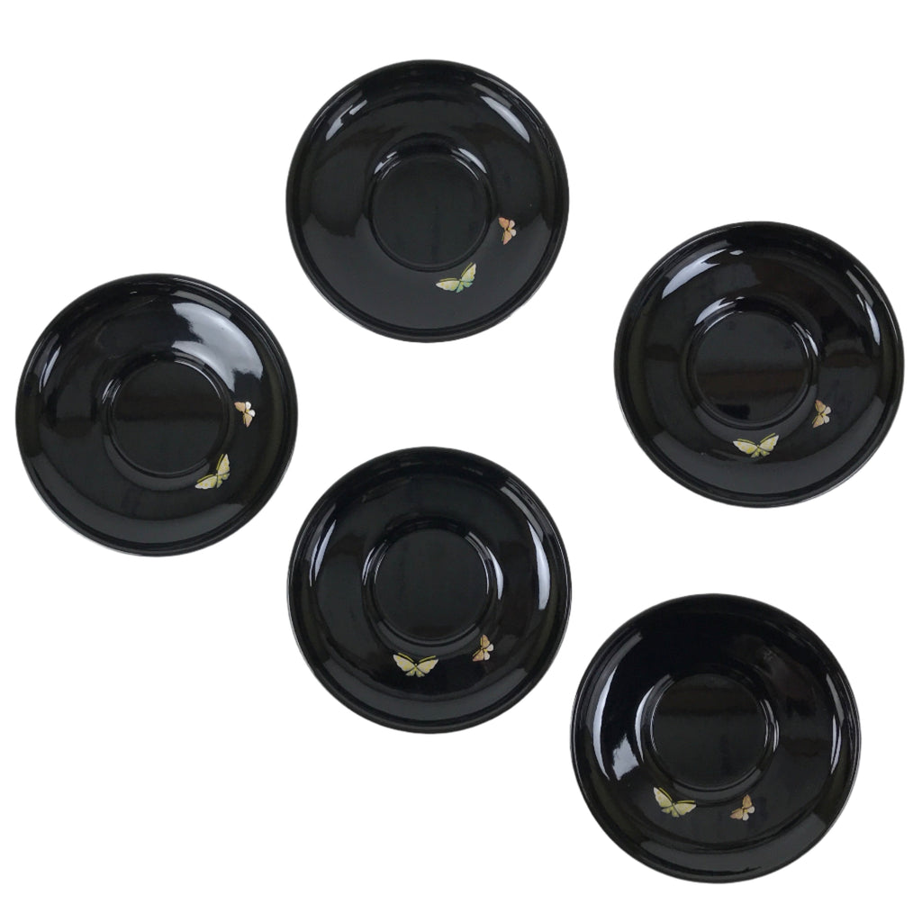 Japanese Lacquered Wood Drink Saucer Chataku Coaster 5pc Black Butterfly L536