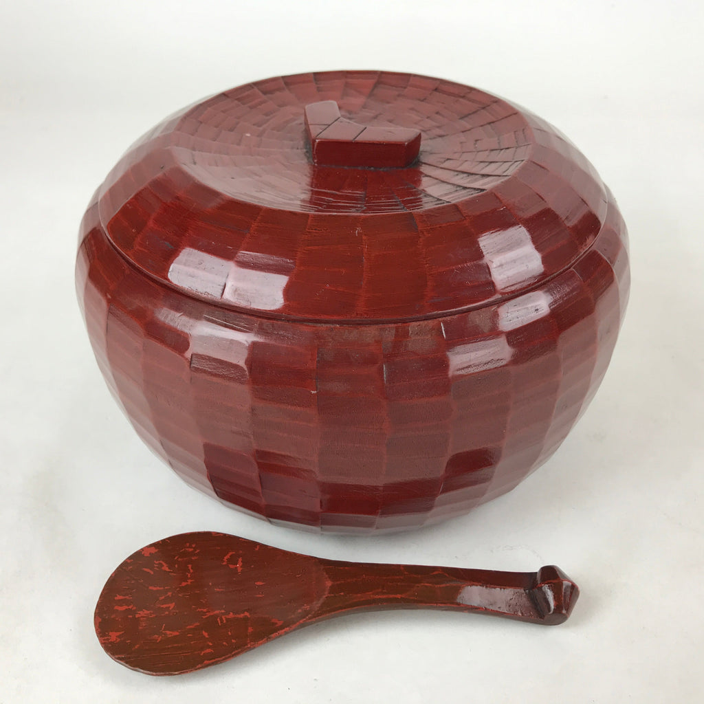 Japanese Lacquered Wood Kamakurabori Ohitsu Rice Container Vtg Paddle Red LWB84