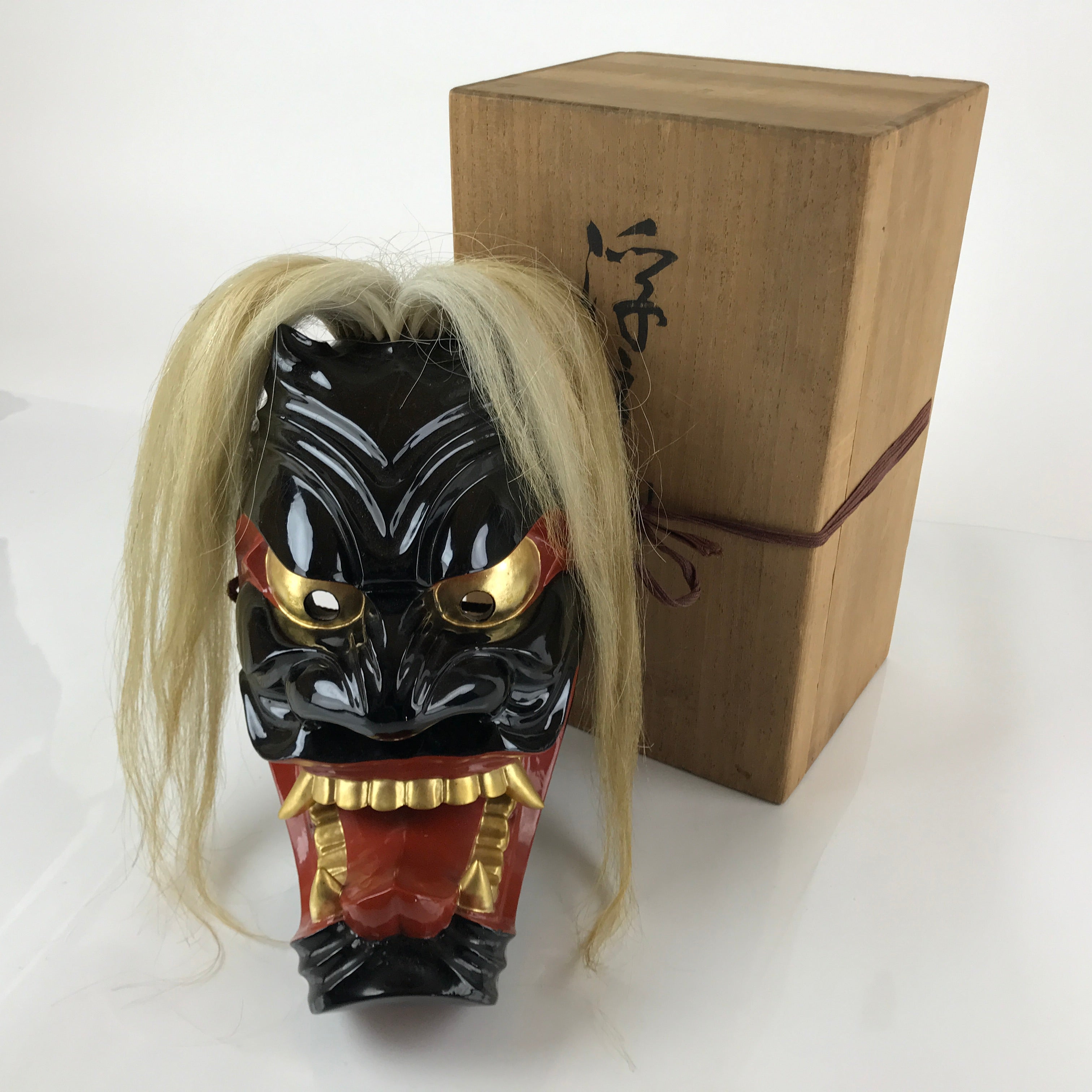 Japanese Lacquered Wood Noh Oni Mask Kagura Buryu Vtg Ichiryu Kajiwara Box OM39